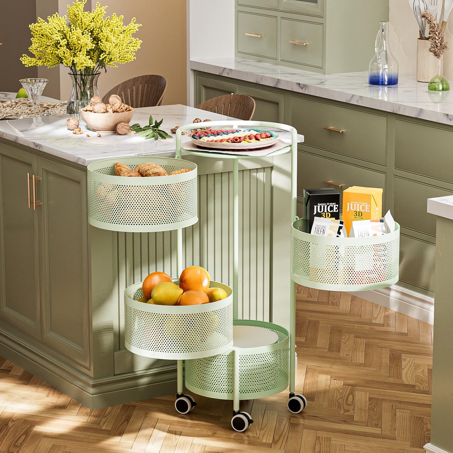 4-Tier Rotating Metal Storage Rack with Drawers