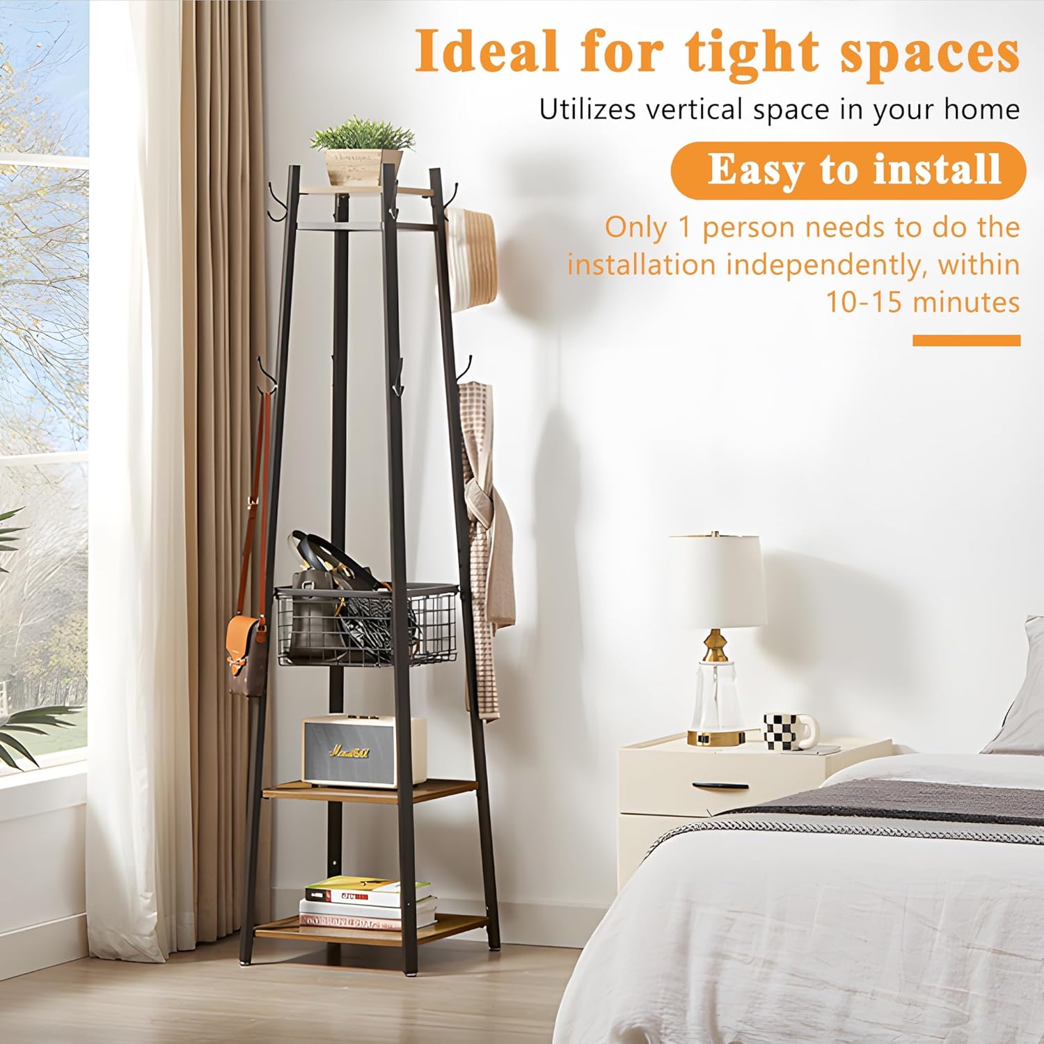 VECELO Freestanding Coat Rack with Metal Basket and Shelves