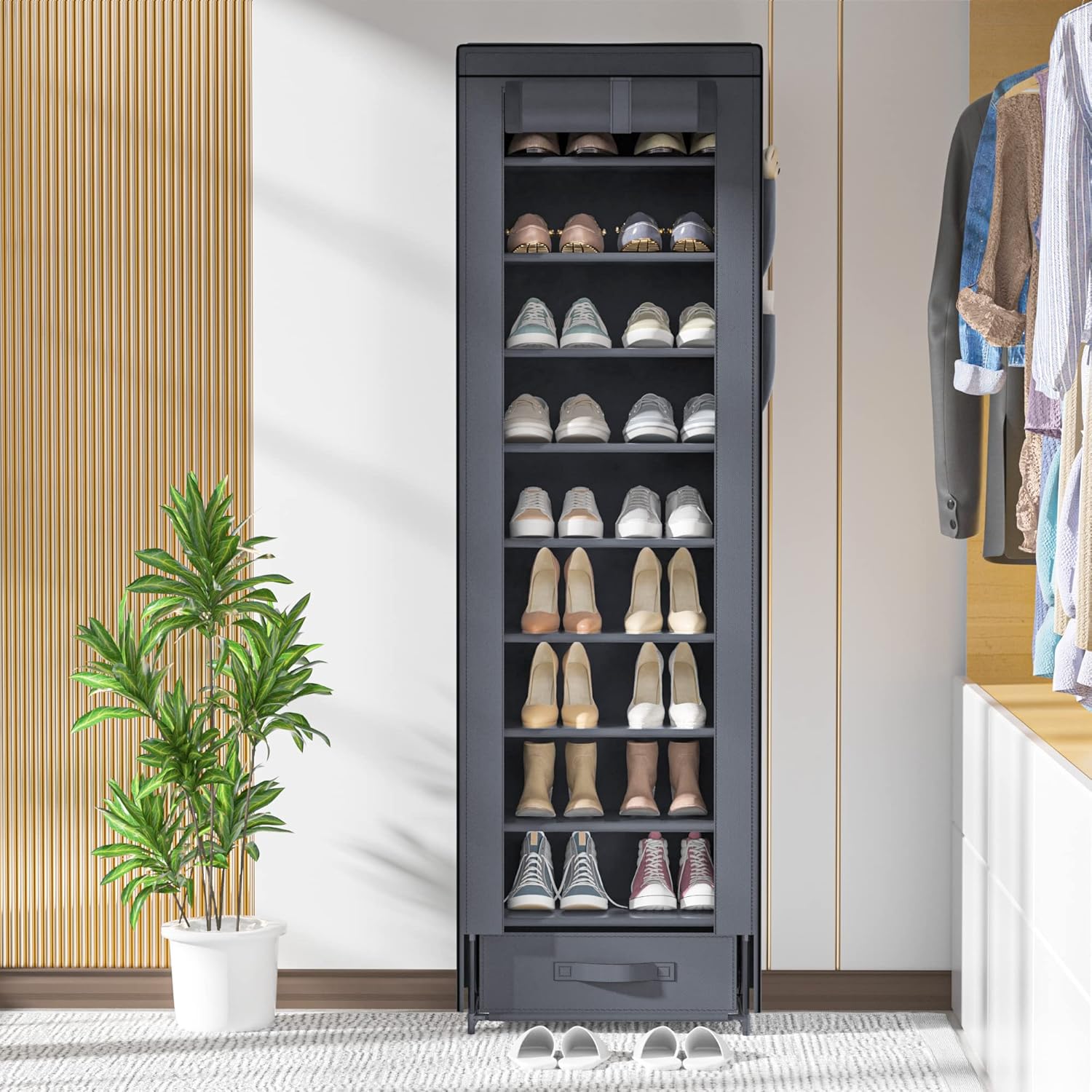 10 Tier Tall Narrow Shoe Rack with Dustproof Cover Storage Organizer