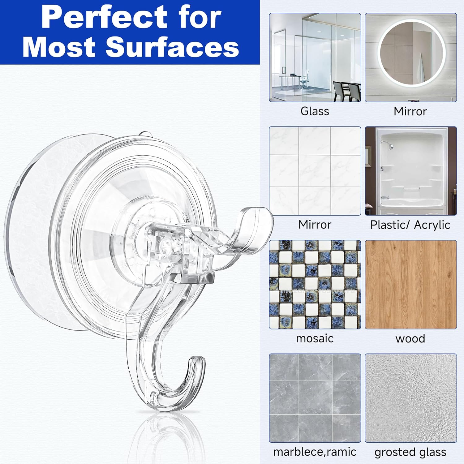 Artressel Suction Cup Hooks 5 Pack Heavy Duty Clear Shower Hook for Bathroom Wall Towel Tile Kitchen Glass Door Window