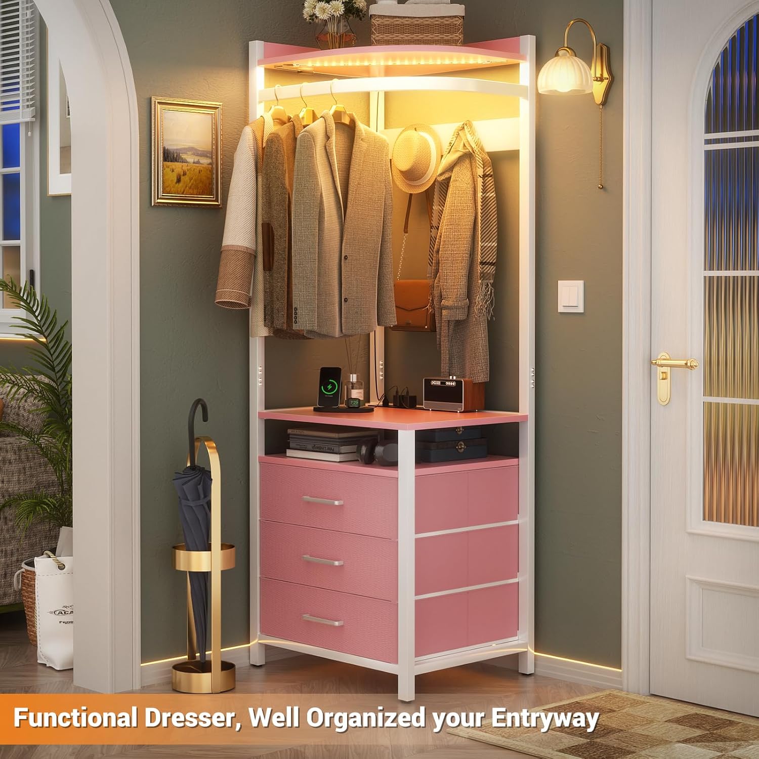 Cyclysio Corner Clothes Rack with Hanging Rack and LED Lights