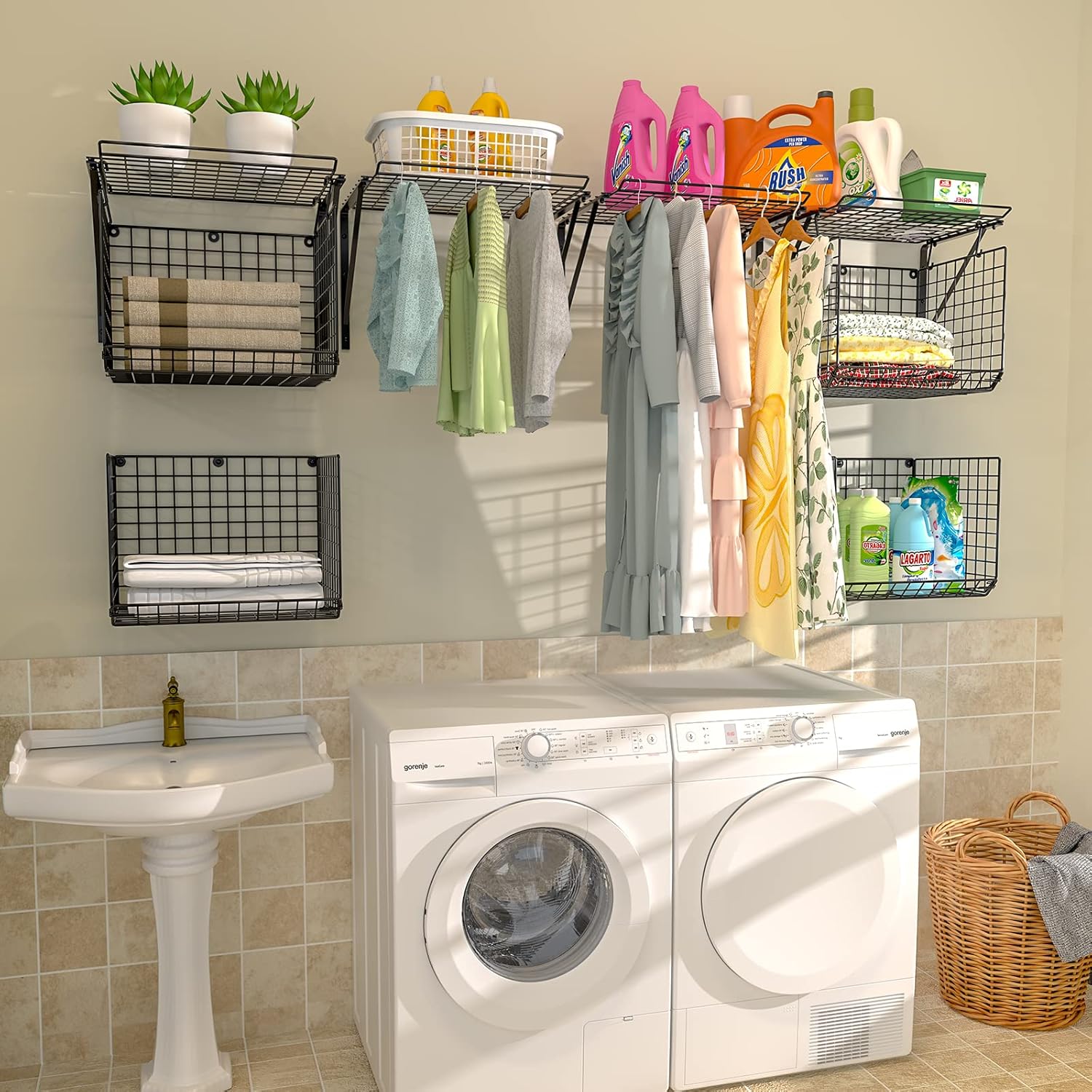 2 Pack Laundry Room Shelves with 8 Hooks Black
