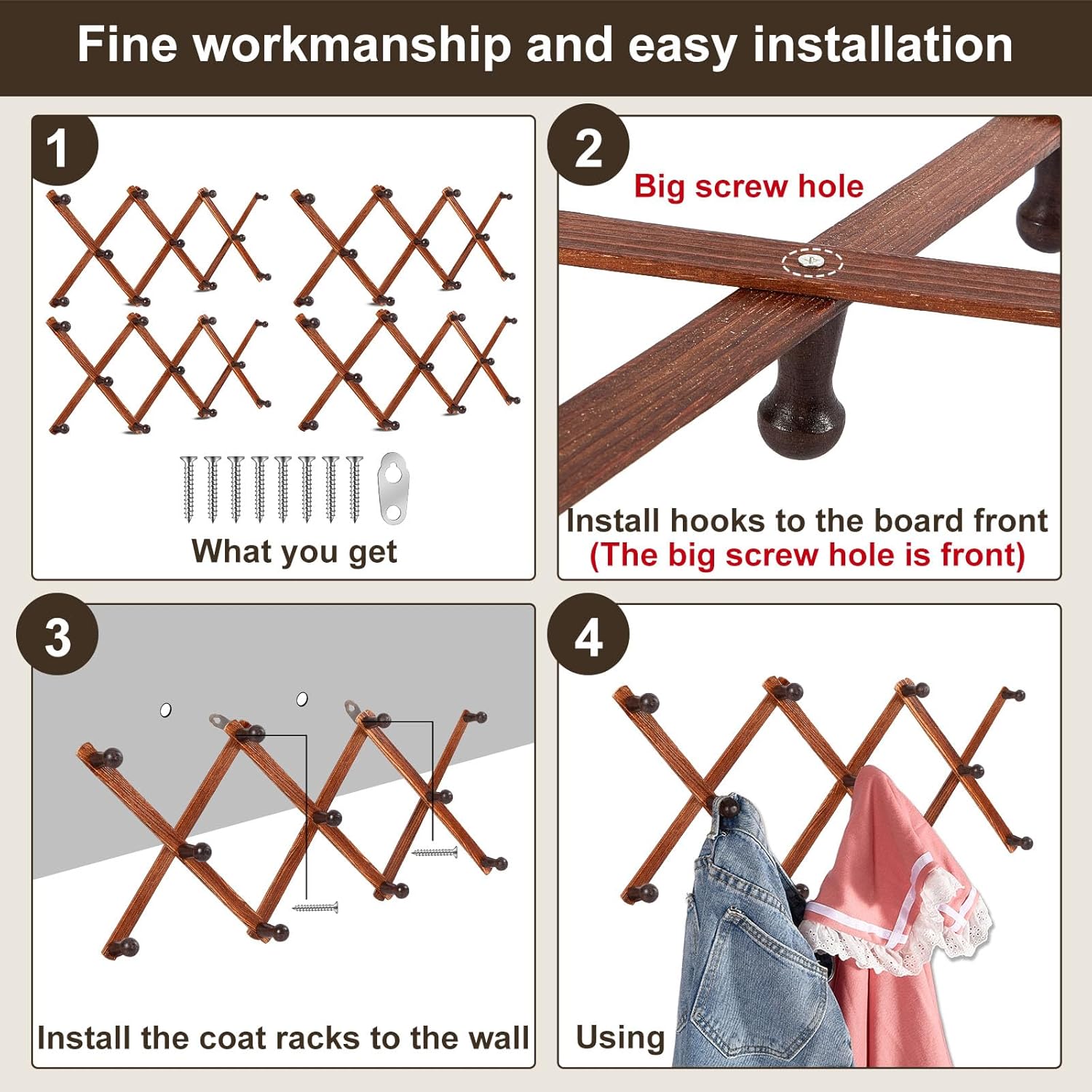 4 Pcs Expandable Wooden Coat Rack Wall Hanger with 11 Hooks