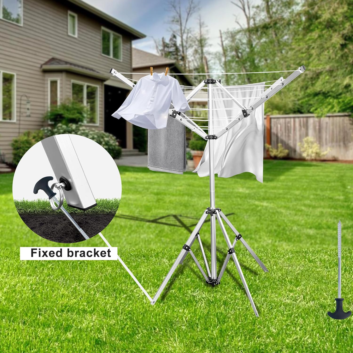 4-arm Telescopic Aluminum Drying Rack with 28 Ropes and Windproof Rotating Design