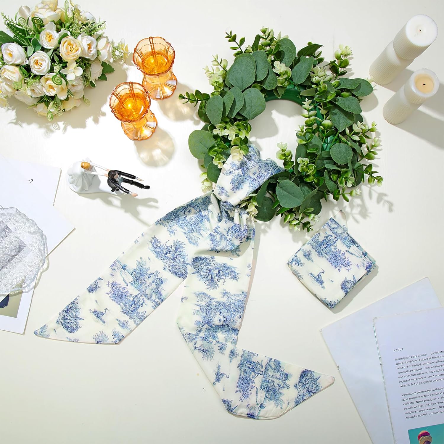 XunYee 6 Pcs Blue White Wreath Sash for Decor
