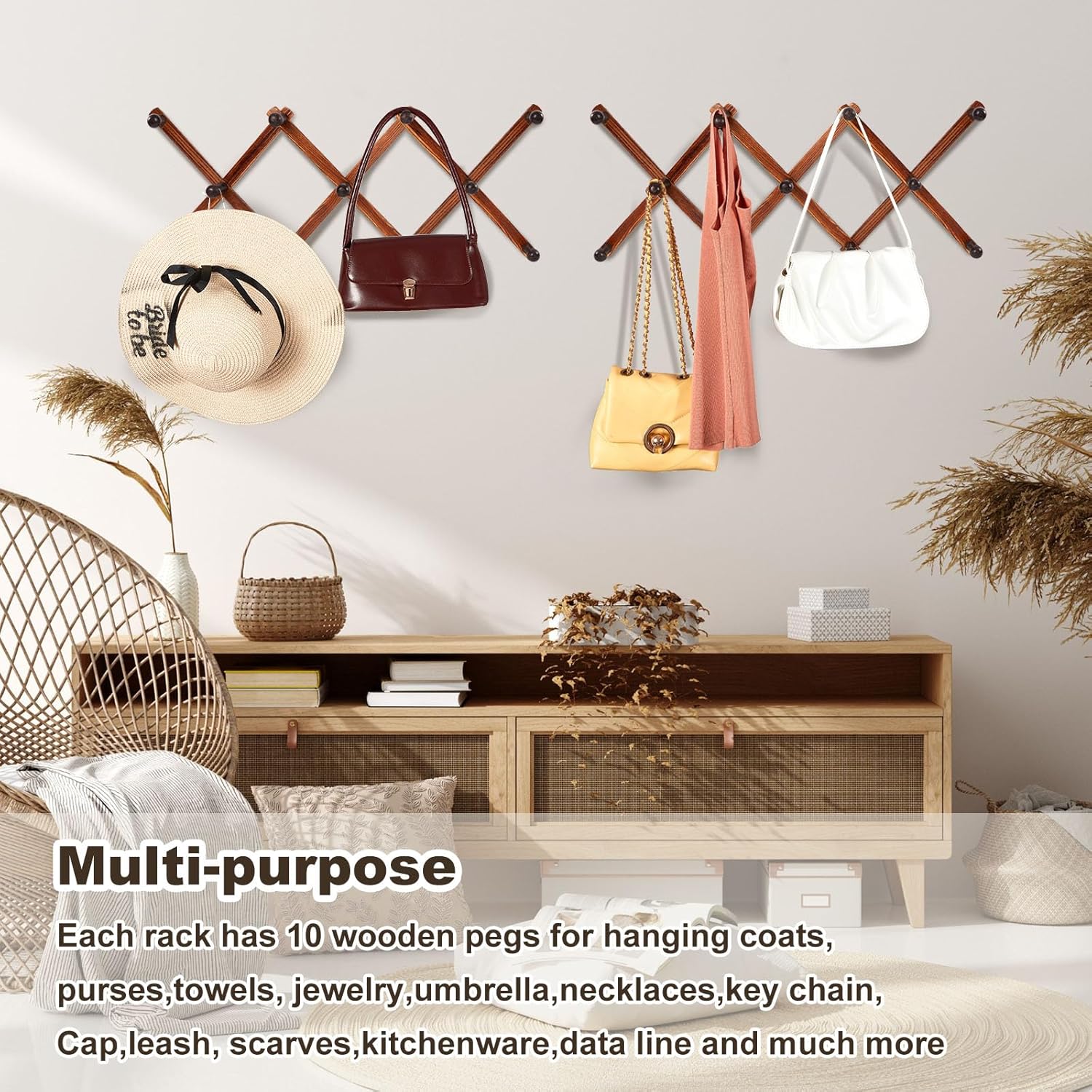 4 Pcs Expandable Wooden Coat Rack Wall Hanger with 11 Hooks