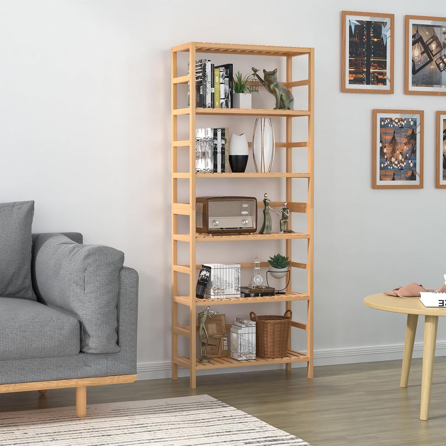 VASMIA 6-Tier Bamboo Shelf Bookcase Storage Unit