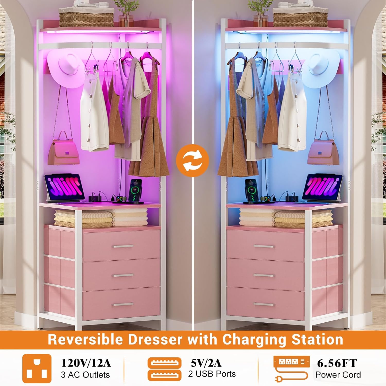 Cyclysio Corner Clothes Rack with Hanging Rack and LED Lights