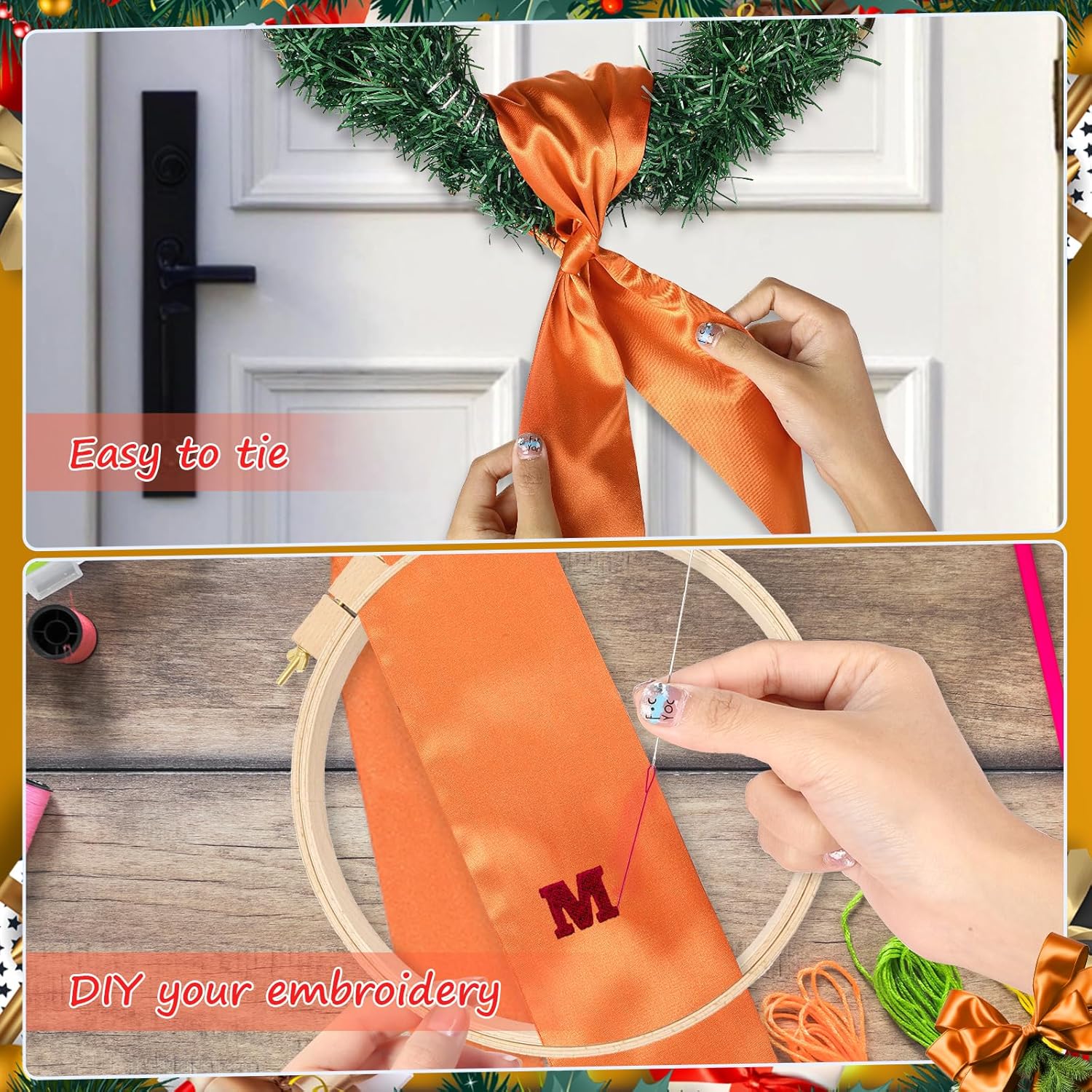 2Pcs Autumn Orange Satin Wreath Sash for Front Door