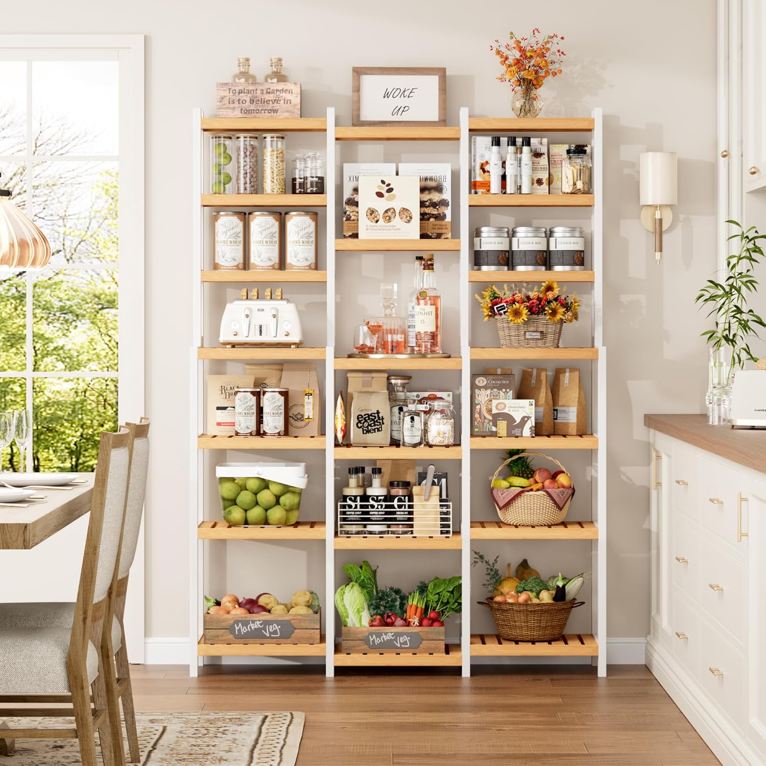 FOTOSOK 7 Tier Bamboo Plant Stand with 3 Rows and Adjustable Design
