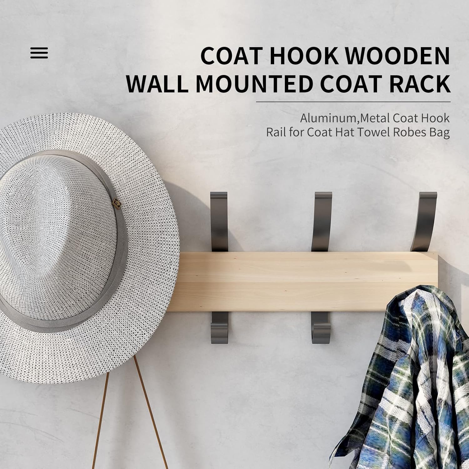 Solid Wood Coat Rack with 5 Black Hooks and Aluminum Frame