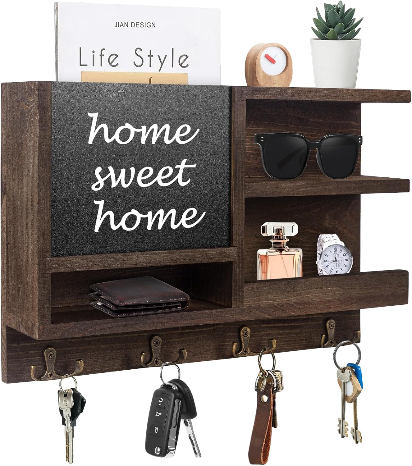 WEWEOW Key Holder for Wall with Chalkboard and Mirror