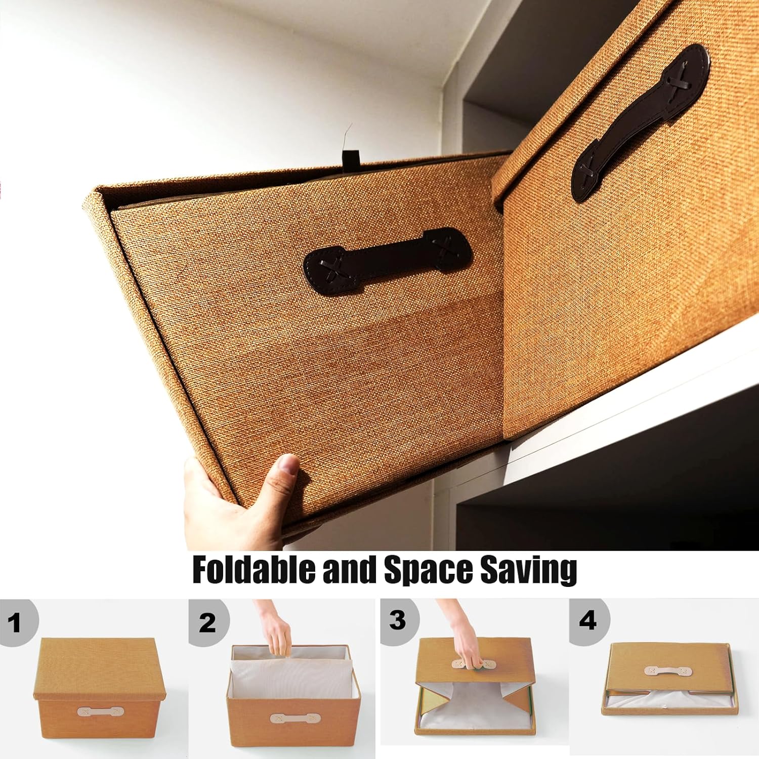 EnzkUnity Lidded Storage Bins 3-Pack Brown Fabric Linen Foldable Basket with Handle