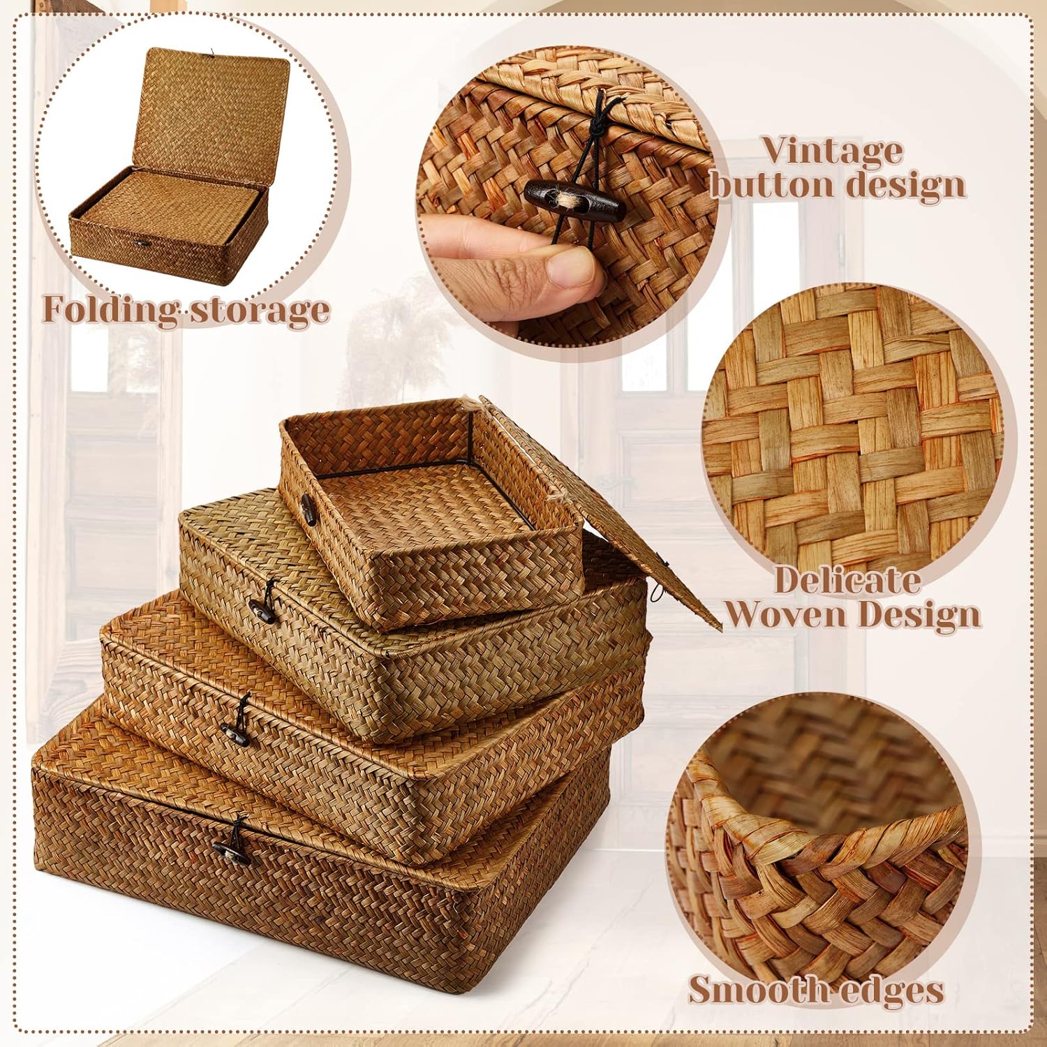 Set of 4 Seagrass Storage Baskets with Lids