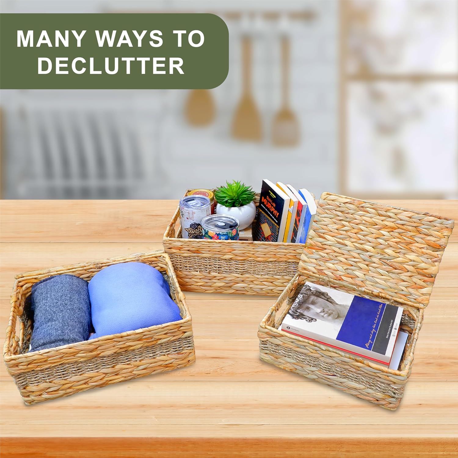 Bezoval Wicker Storage Baskets with Lids Set of 3 Rectangular Boxes