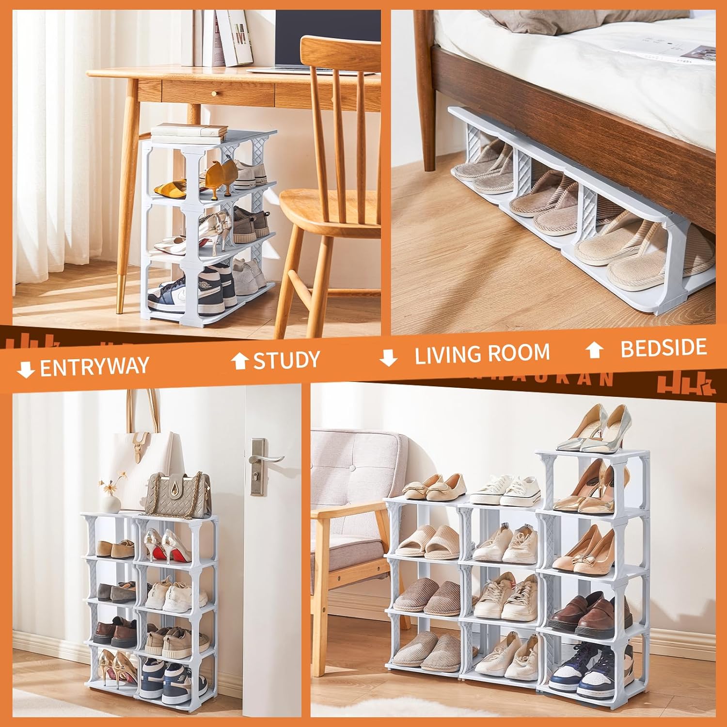 5 Tiers Shoe Rack Organizer for Closet Entryway Storage Free Standing Stackable Vertical Narrow Plastic Shoe Holder Grey