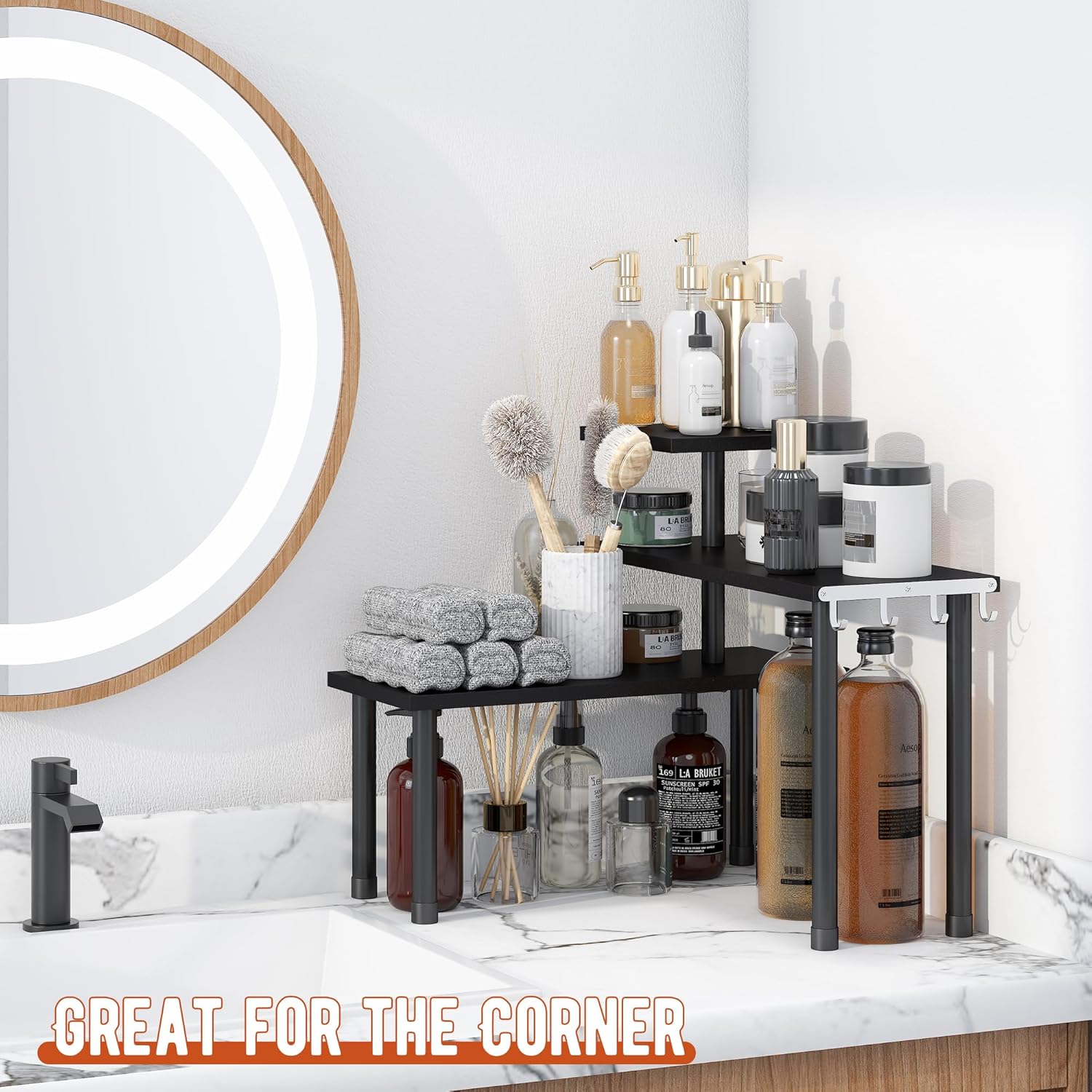 GHWIE 3 Tier Corner Shelf Organizer Black
