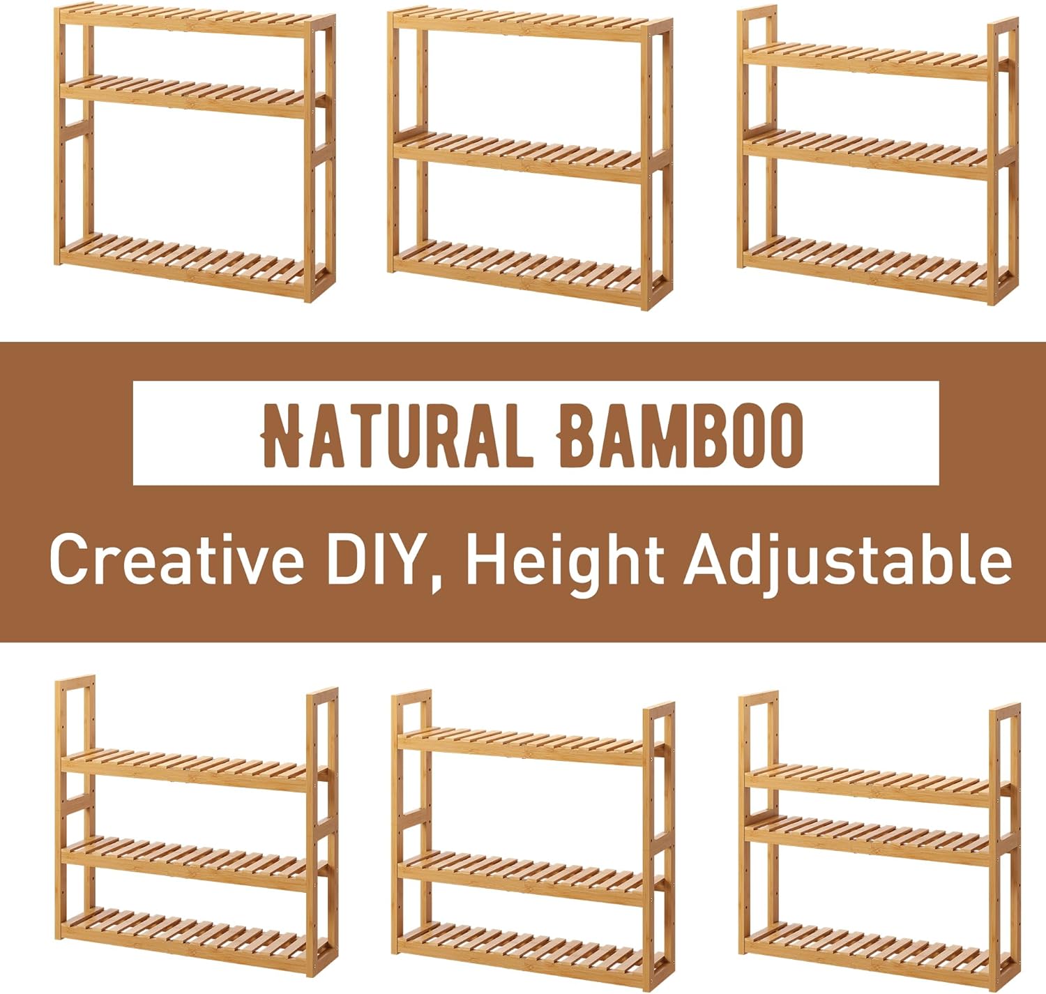 FILWH Bamboo Organizer Rack - Adjustable 3 Tier Storage Shelf