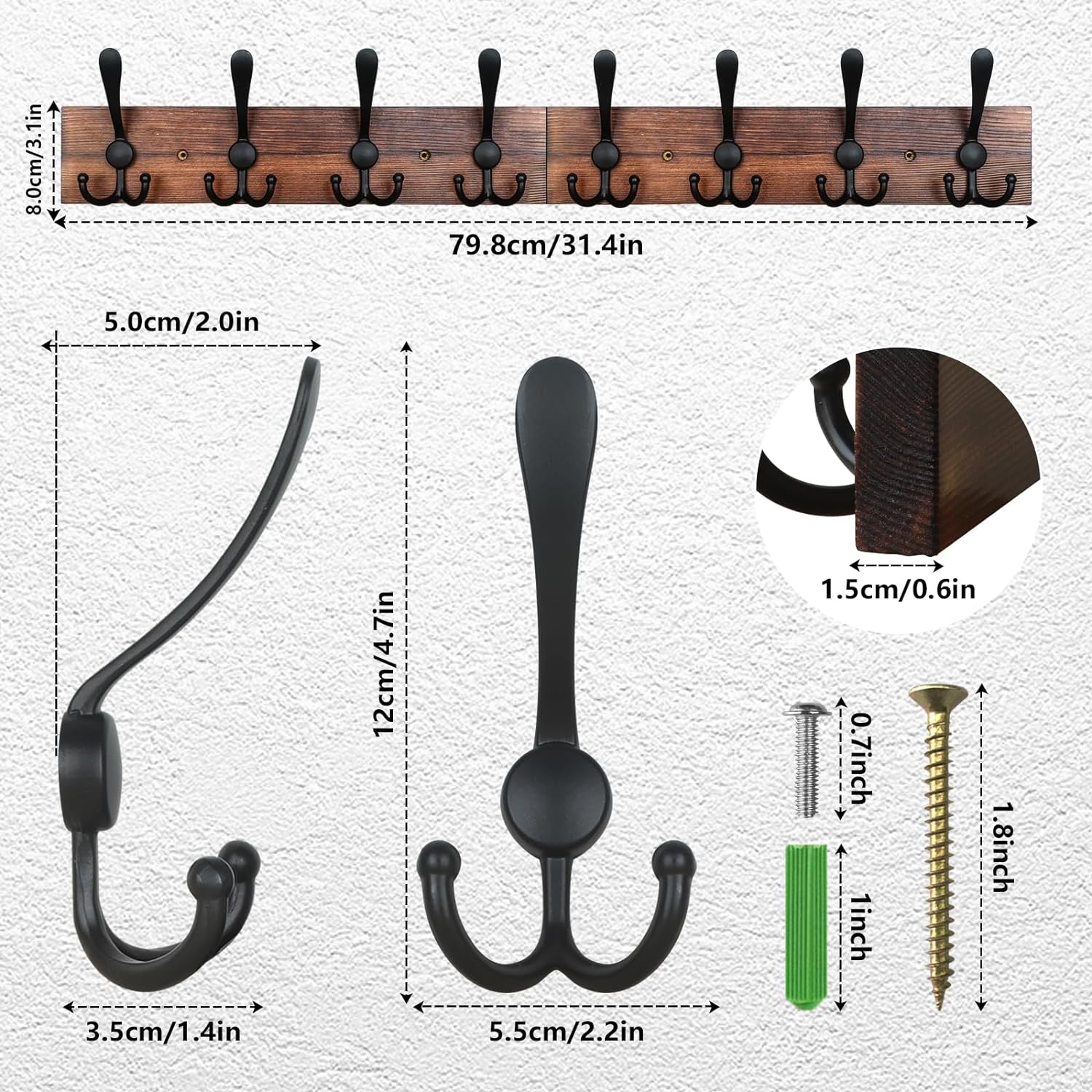 IBosins Wall Mounted Coat Rack with 8 Black Tri Hooks