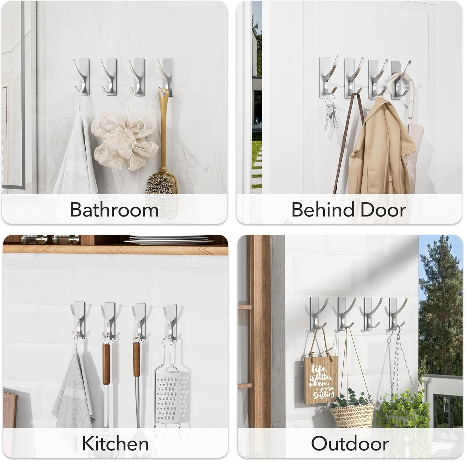 Self-Adhesive Heavy Duty Stainless Coat Hooks 10-Pack Silver
