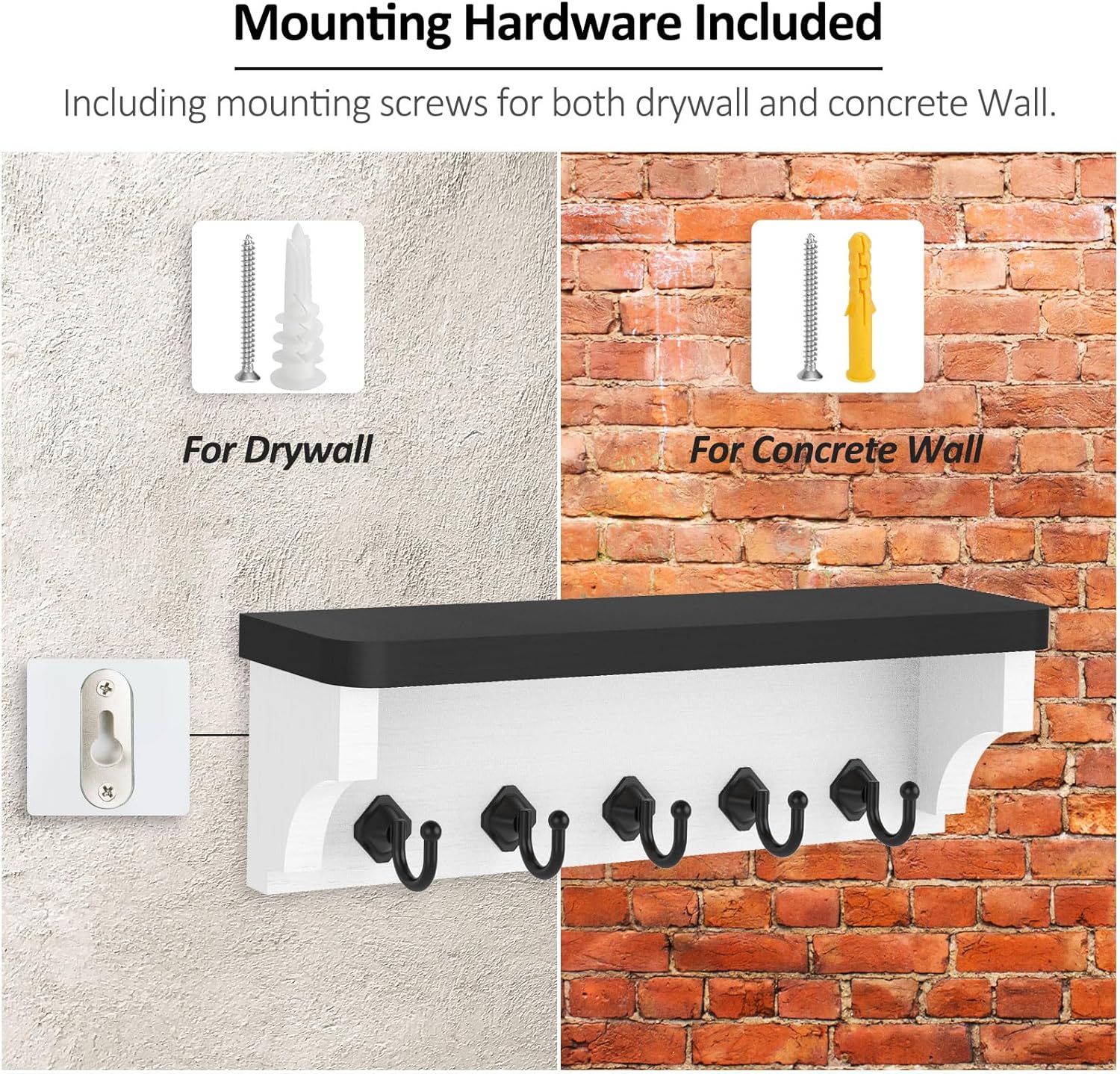 Nekon Wall Key Holder with Floating Shelf and 5 Hooks Black