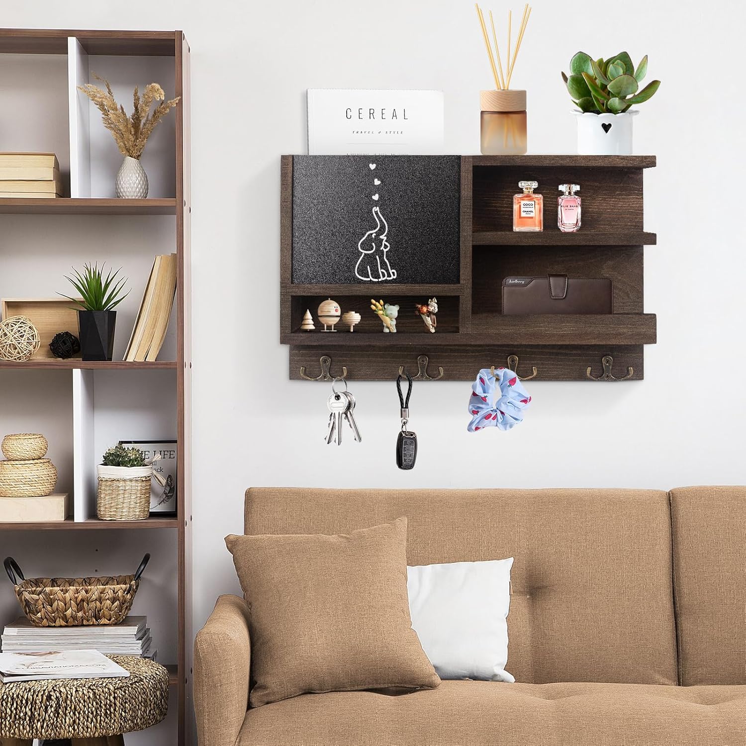 WEWEOW Key Holder for Wall with Chalkboard and Mirror