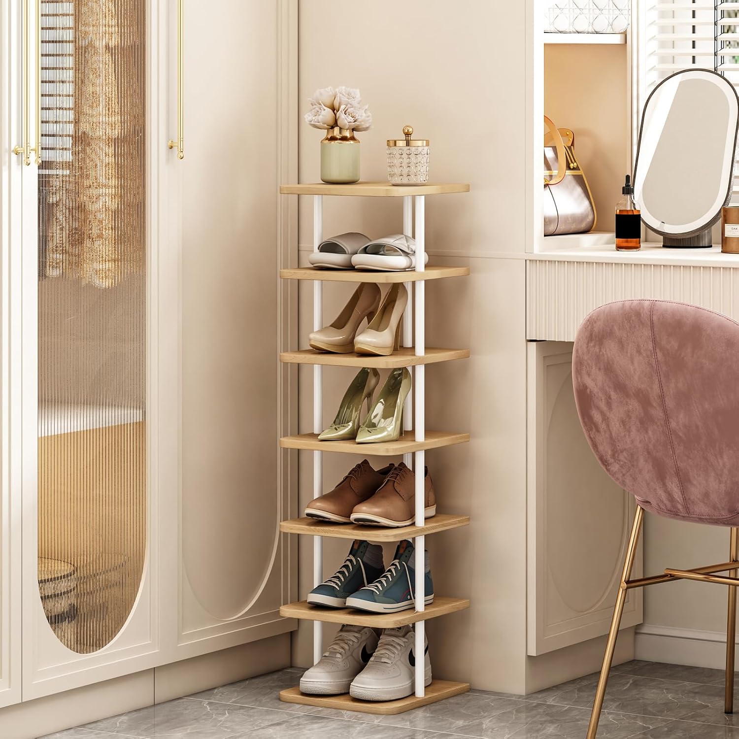 7 Tiers Vertical Shoe Rack for Space Saving White and Oak