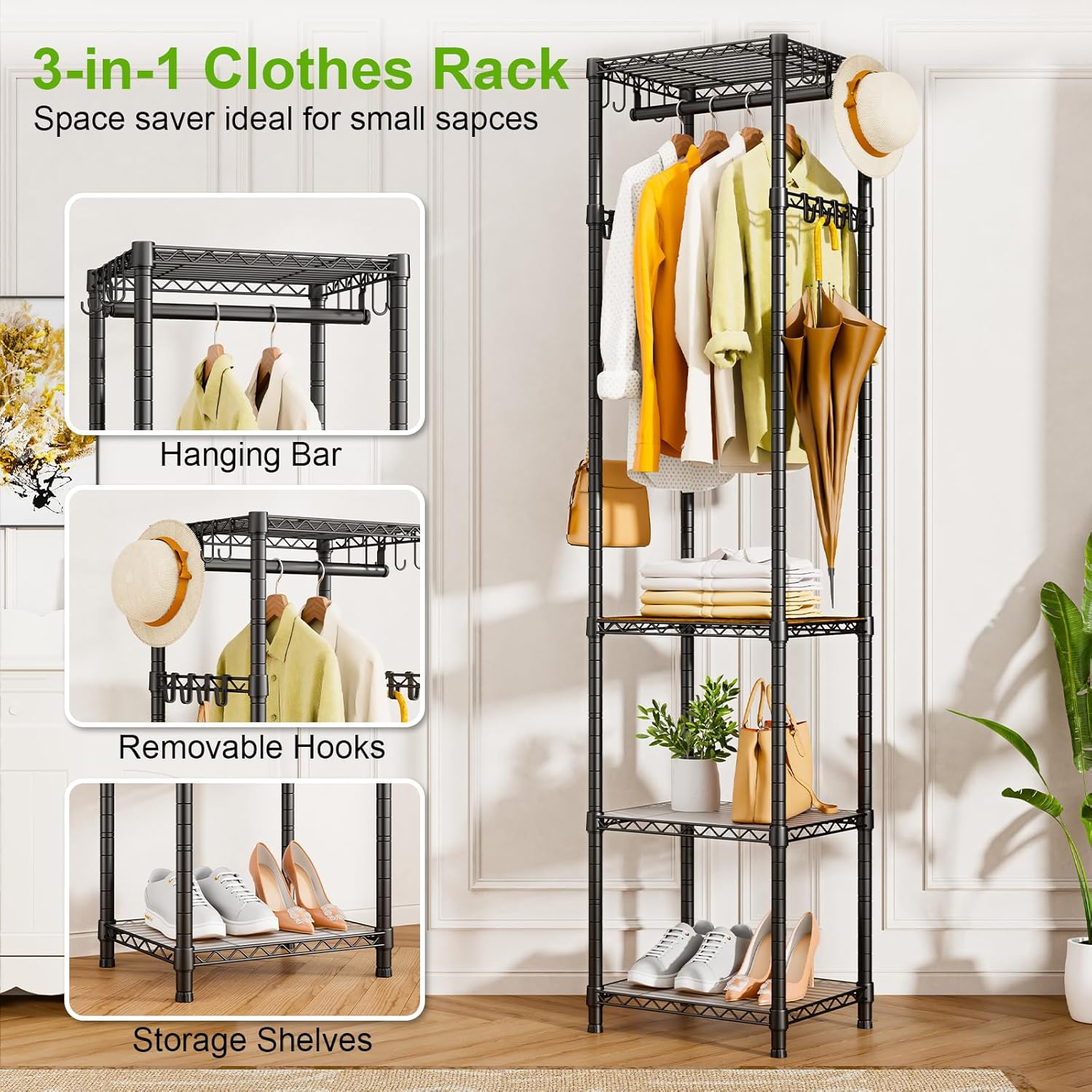 R1 Heavy Duty Clothes Rack with Storage Shelves Black
