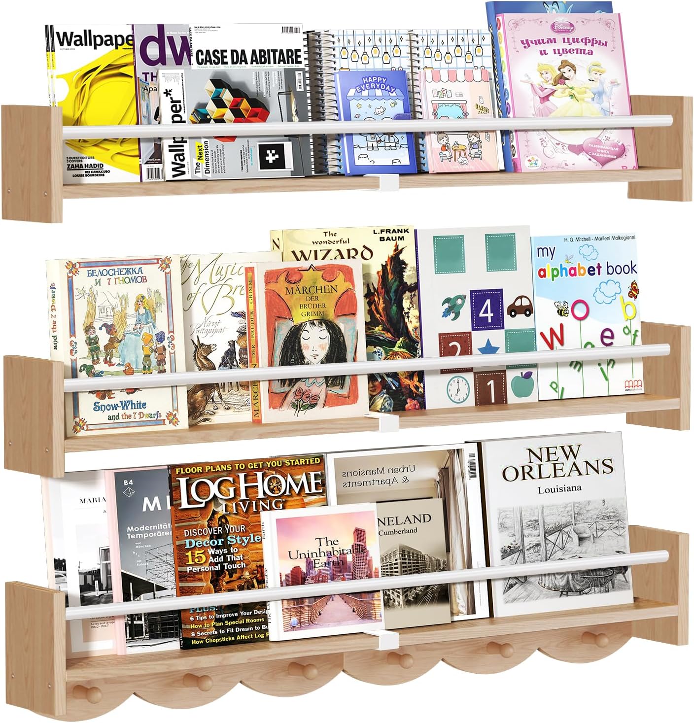 34 Inch Wall Mounted Bookshelf with 6 Hooks Set of 3
