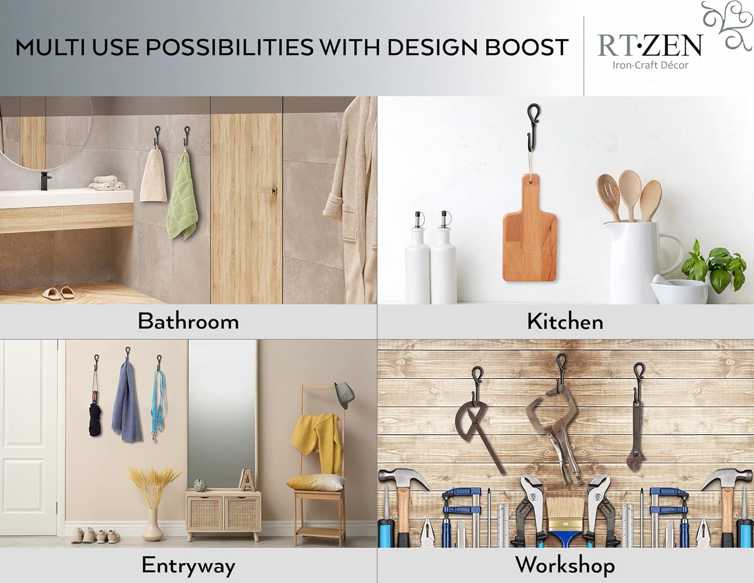 RTZEN Wall Mount Hook Set - 3 Pack Wrought Iron Hooks 1