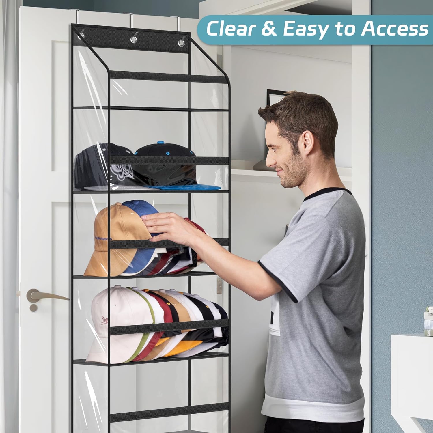 AOODA Clear Over The Door Hat Racks for Baseball Caps 72 Caps Storage Organizer 3 Hooks Black