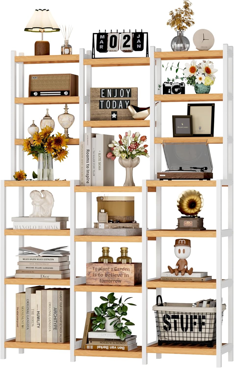 FOTOSOK 7 Tier Bamboo Plant Stand with 3 Rows and Adjustable Design