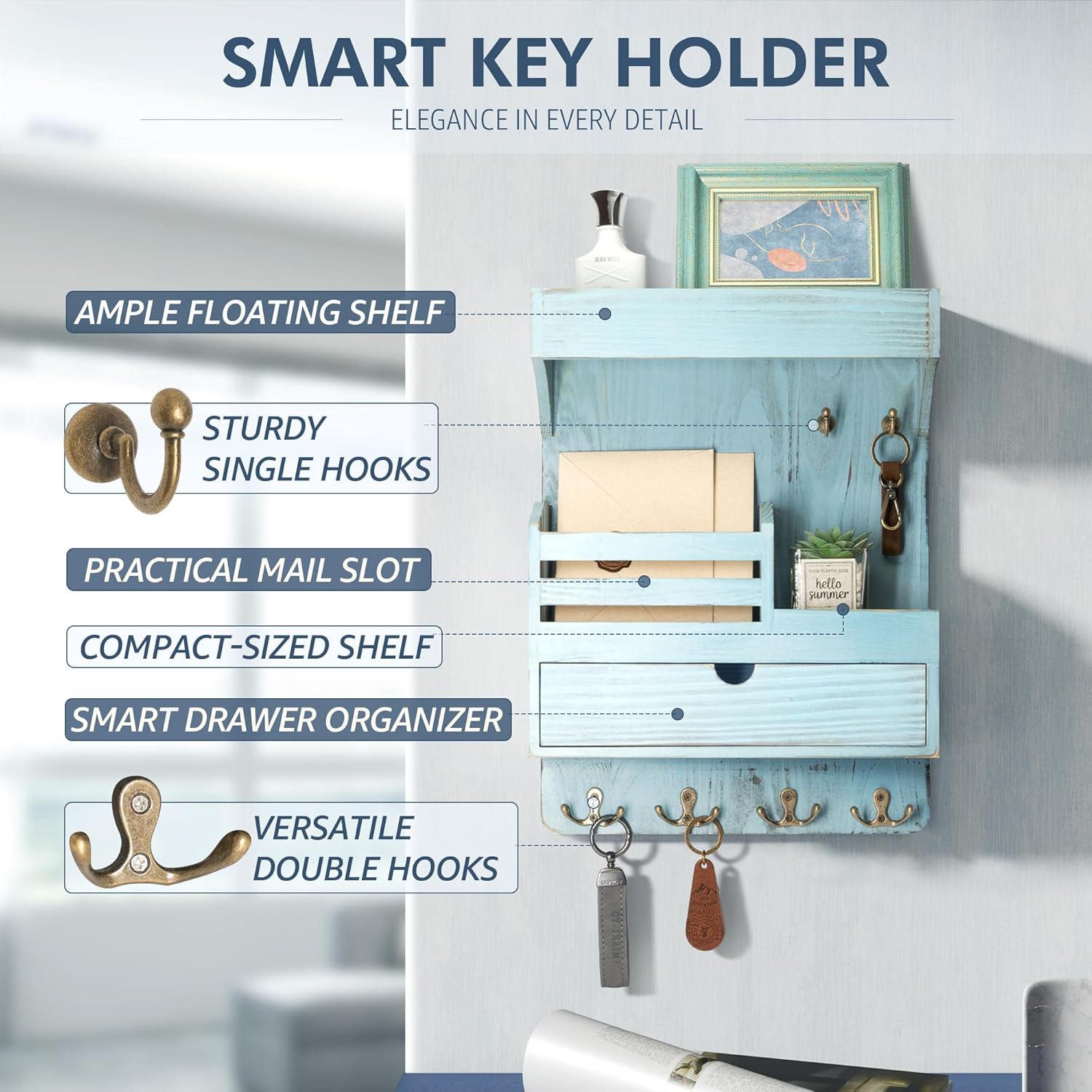 Rebee Vision Farmhouse Key Holder Wall Mount with Drawer Organizer - Blue