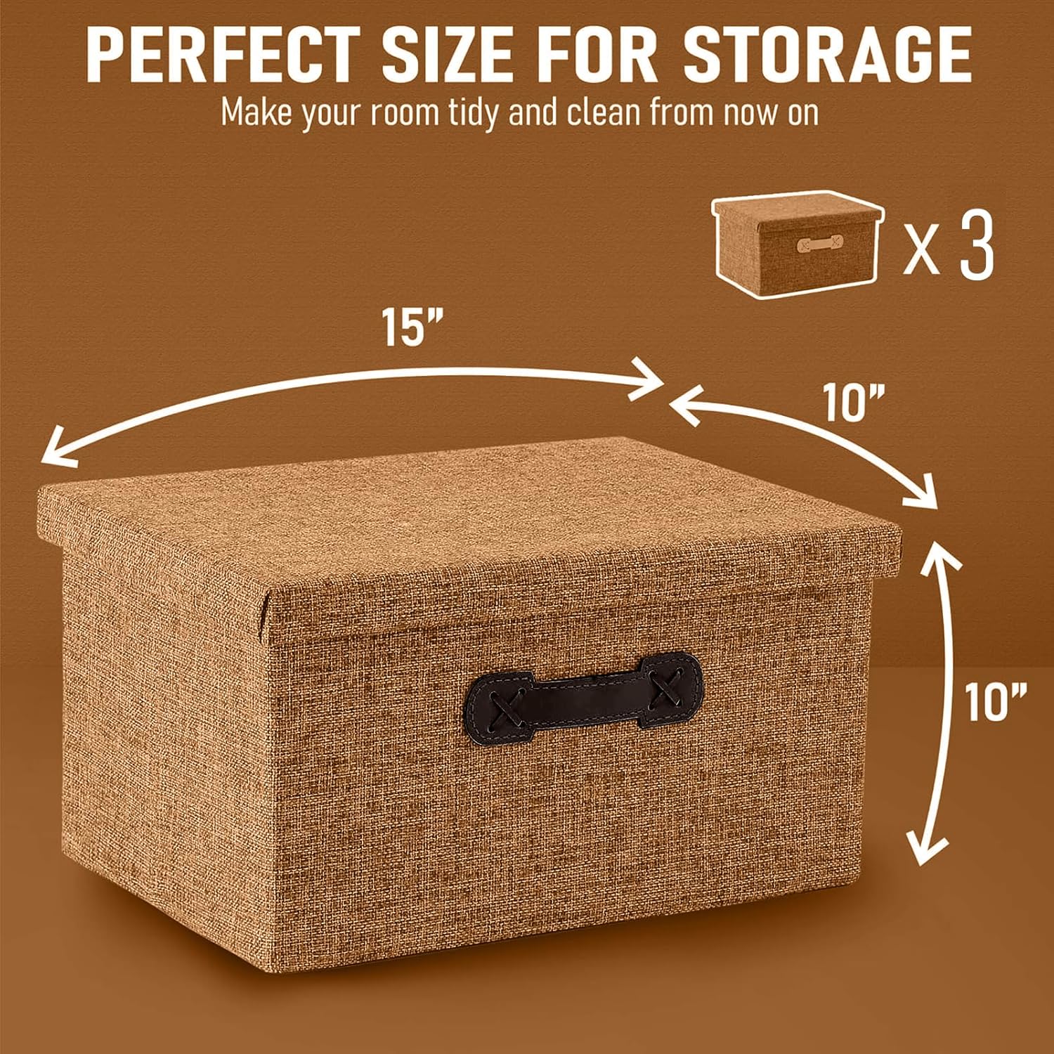 EnzkUnity Lidded Storage Bins 3-Pack Brown Fabric Linen Foldable Basket with Handle