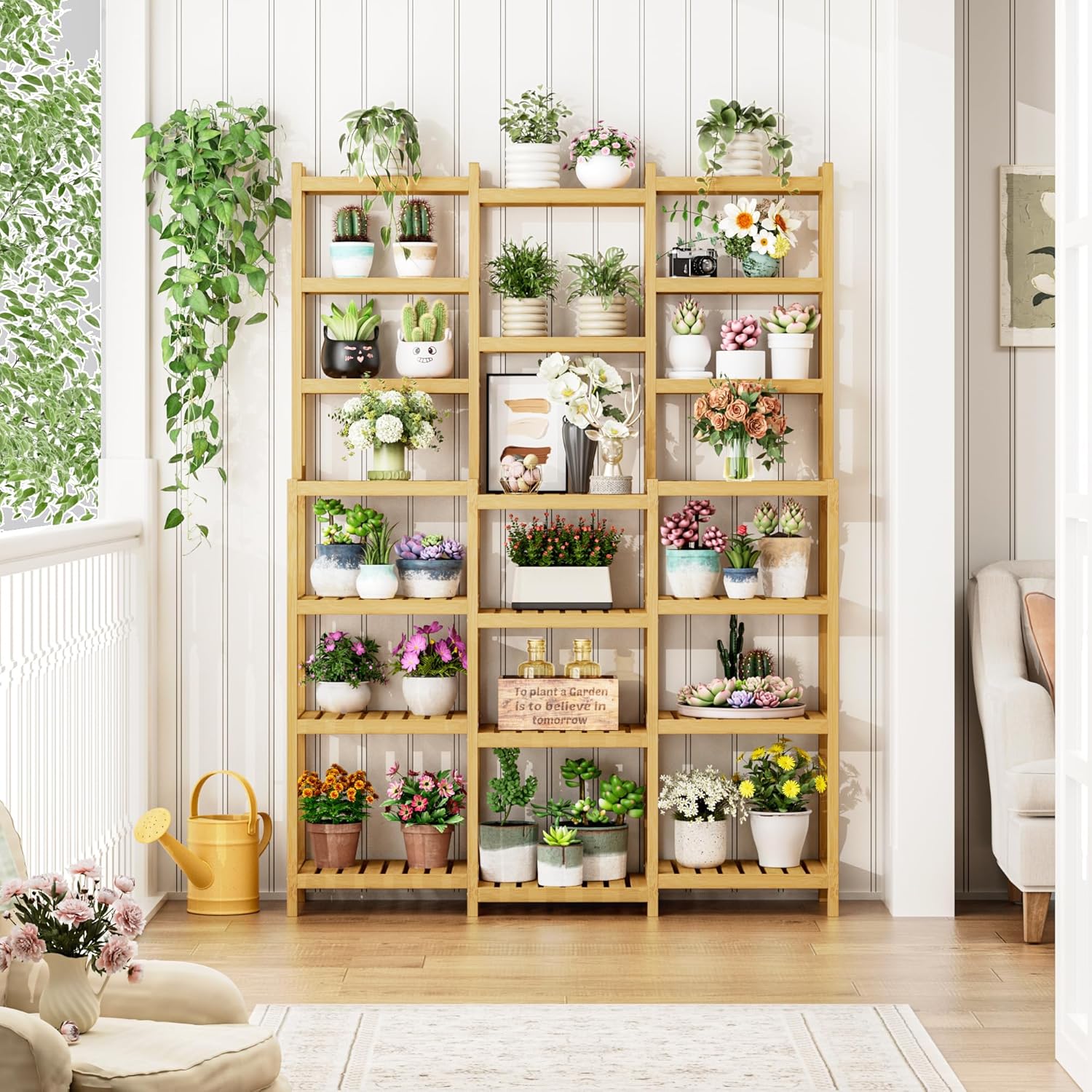 Fotosok Bamboo Shelf 7 Tier 3 Row Plant Stand