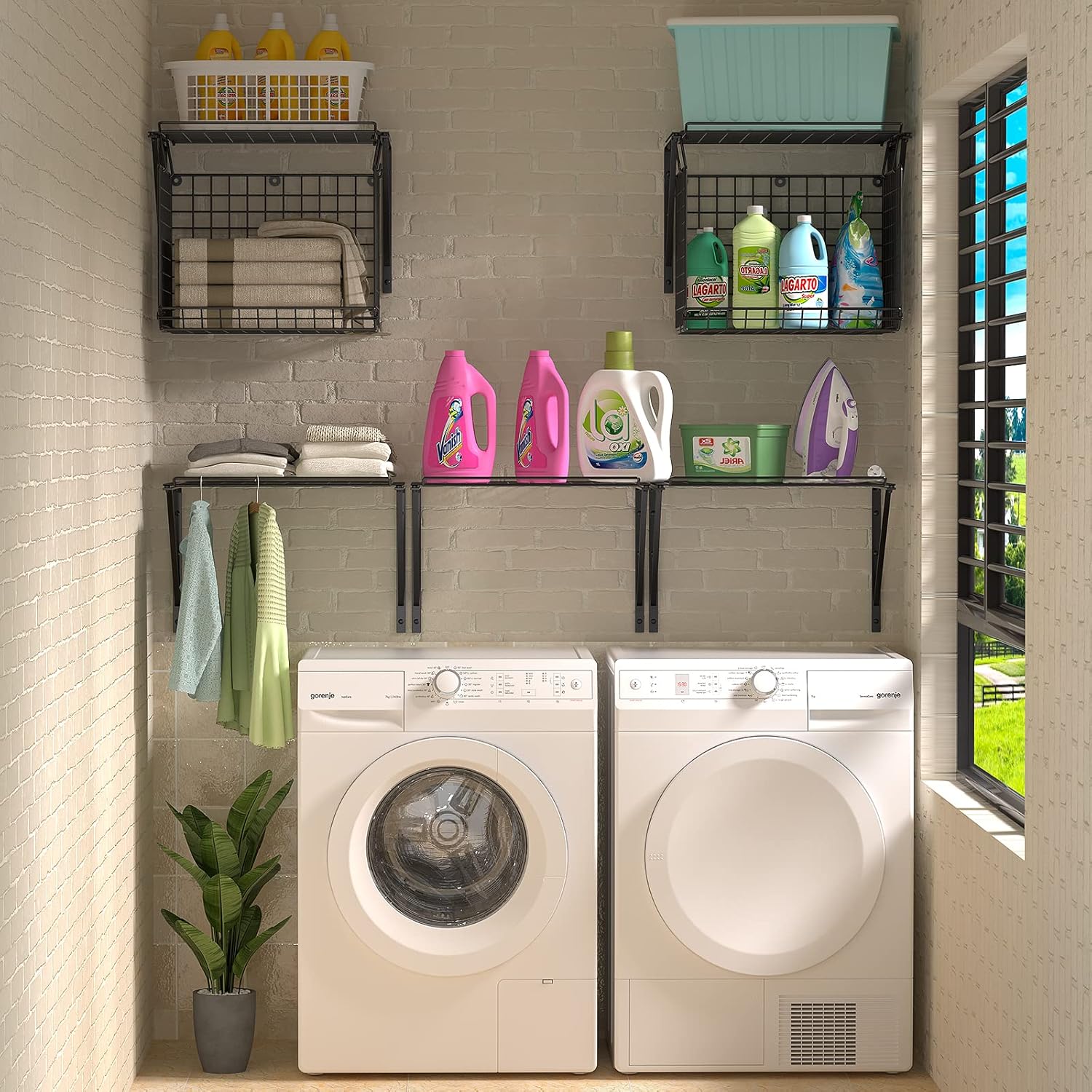 2 Pack Laundry Room Shelves with 8 Hooks Black