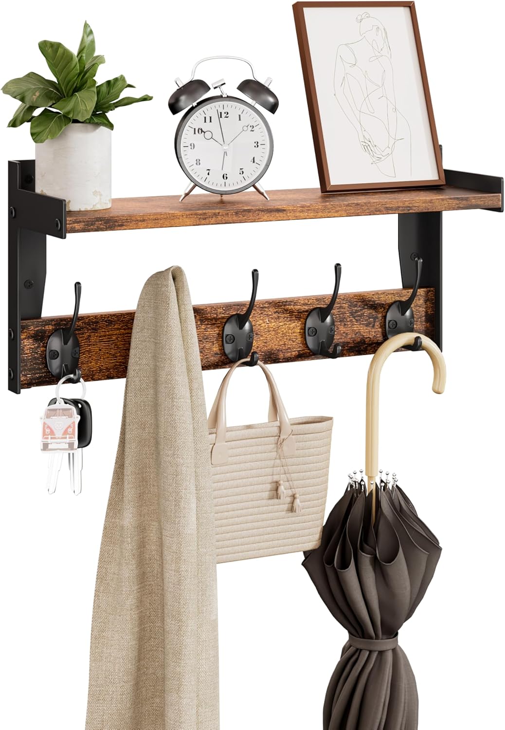 Wall Hooks with Shelf Wood Coat Rack with 5 Metal Hooks