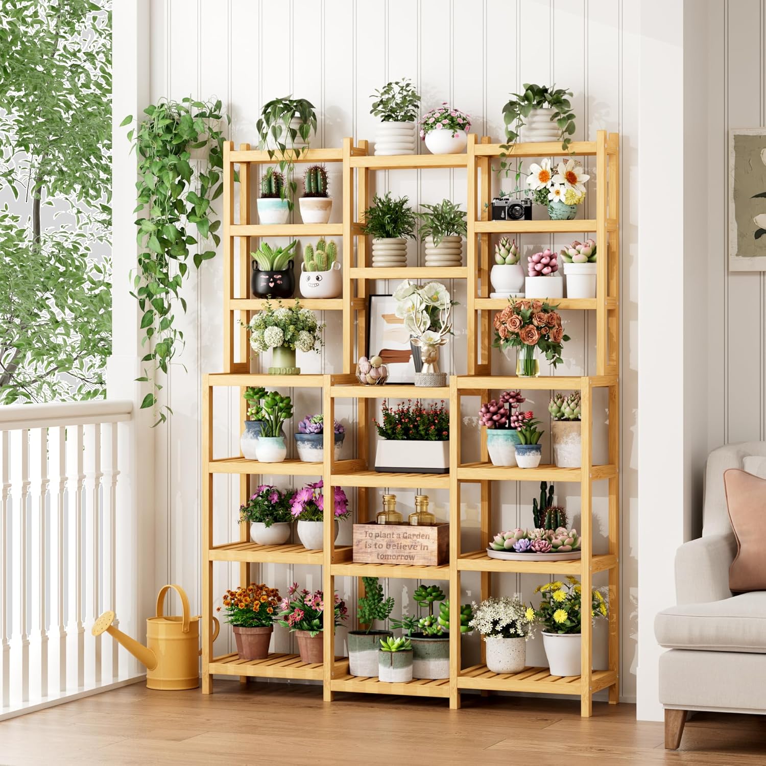 Fotosok Bamboo Shelf 7 Tier 3 Row Plant Stand
