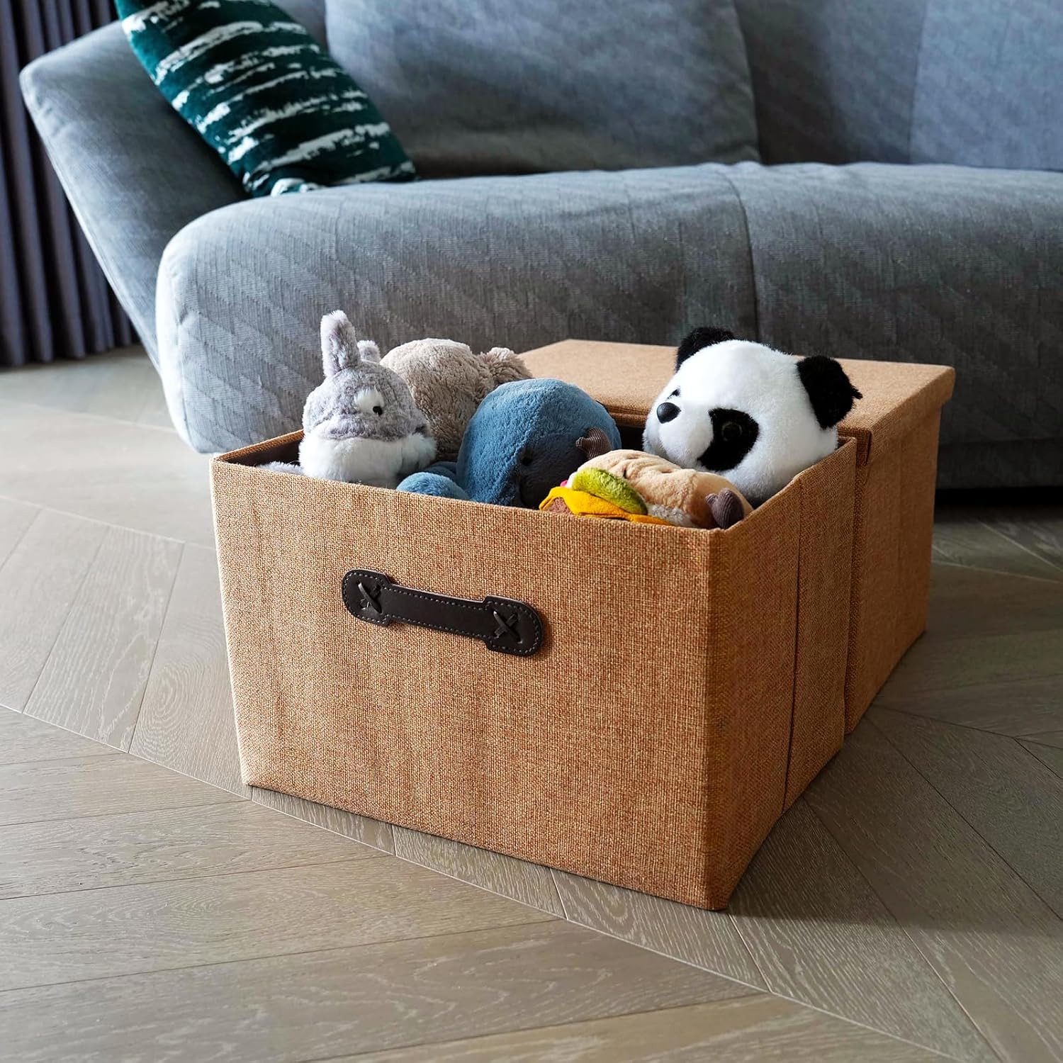 EnzkUnity Lidded Storage Bins 3-Pack Brown Fabric Linen Foldable Basket with Handle