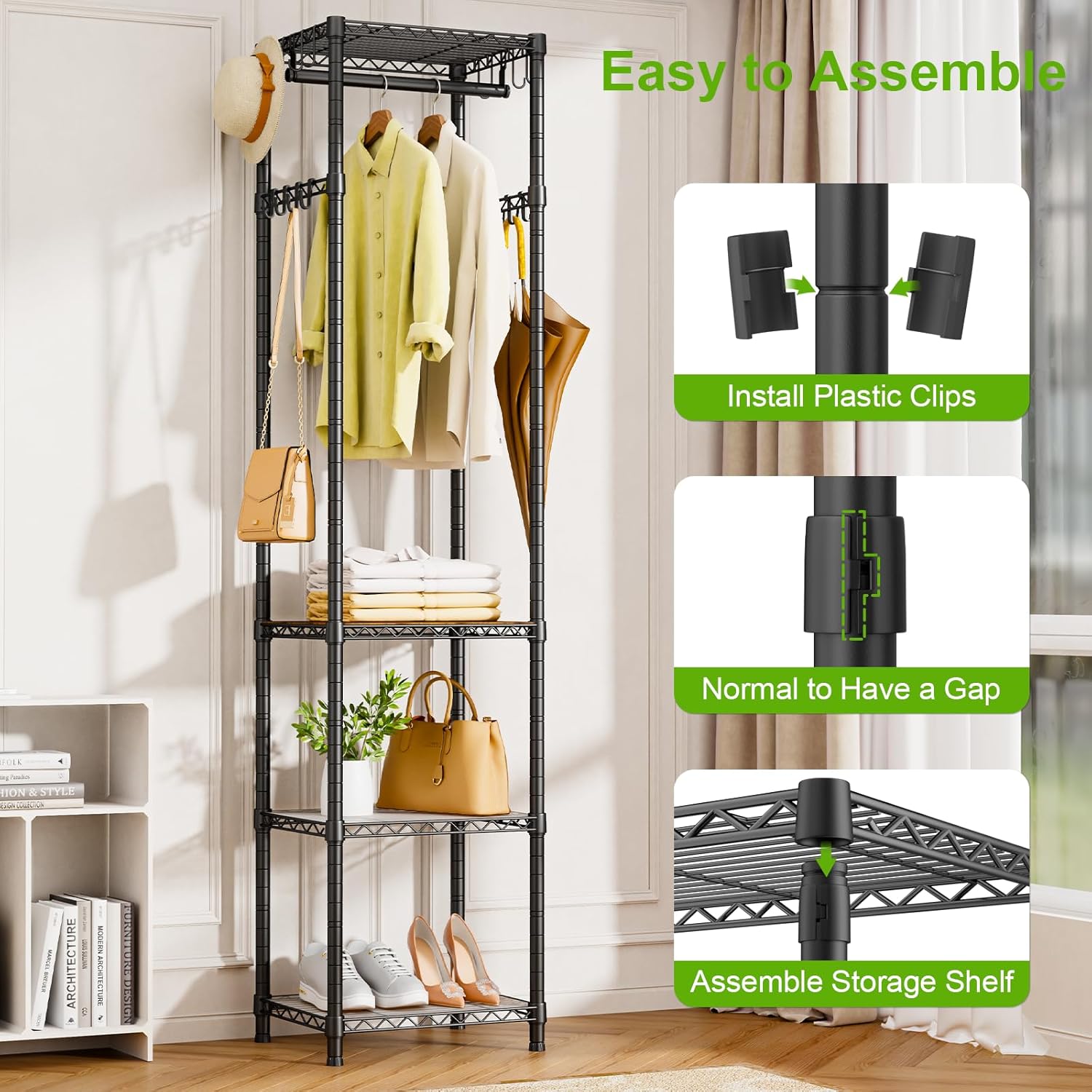 R1 Heavy Duty Clothes Rack with Storage Shelves Black