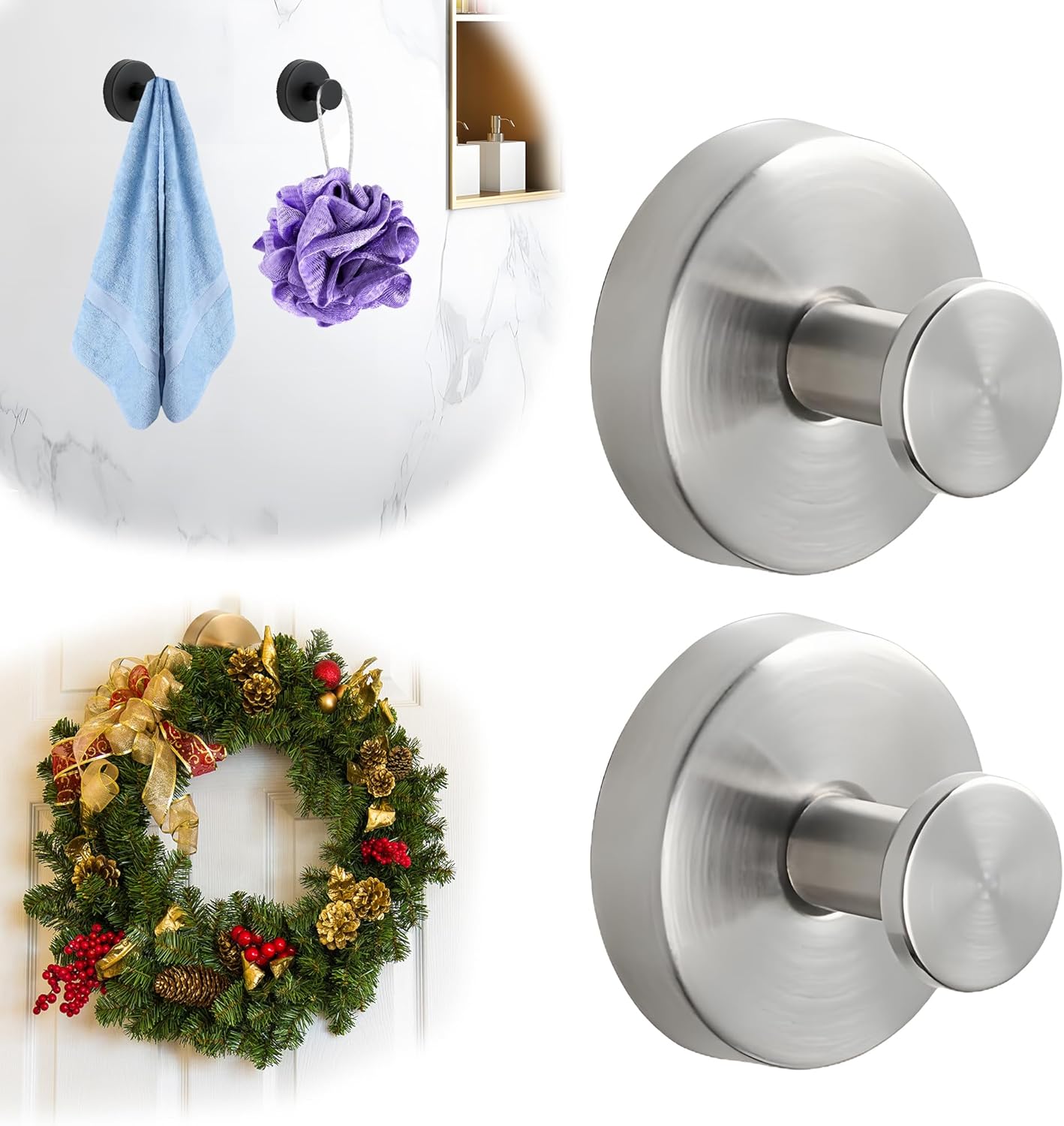 Suction Cup Hooks for Wreaths on Glass 2 Silver 2025 New No Drill Hooks for Shower and Bathroom Mirrors