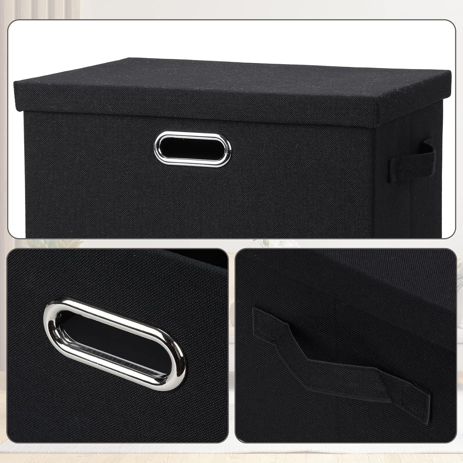 Graciadeco 17 Inch 36 Quart Collapsible Storage Bins with Lids 5 Pack Black Linen Fabric Closet Boxes