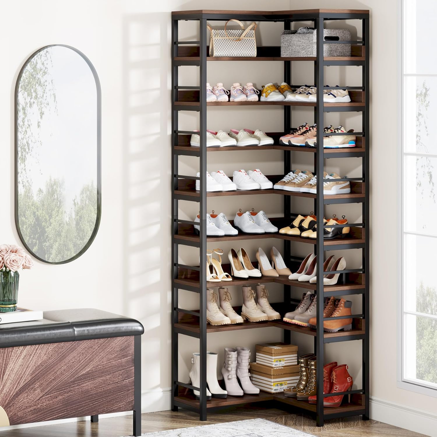 Tribesigns 9 Tiers Corner Shoe Rack Rustic Brown Space Saving
