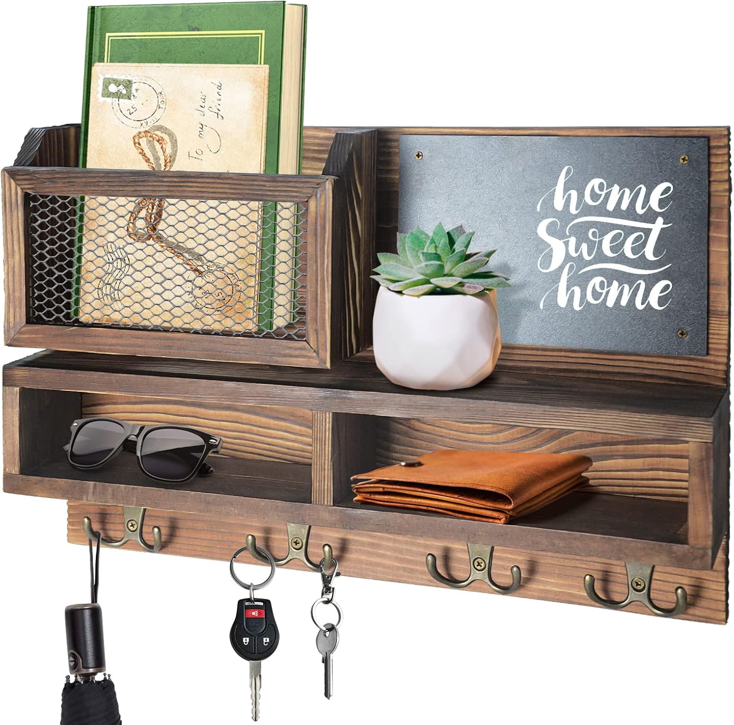 WEWEOW Key Holder Wall Mount with 4 Hooks and Chalkboard