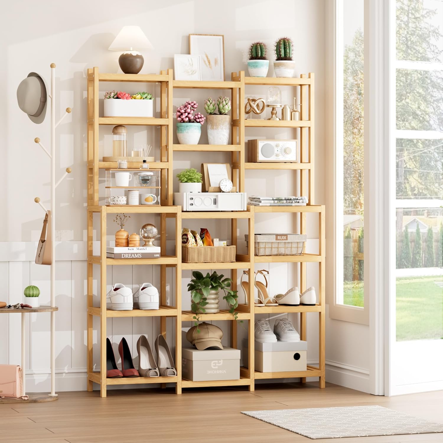 Fotosok Bamboo Shelf 7 Tier 3 Row Plant Stand