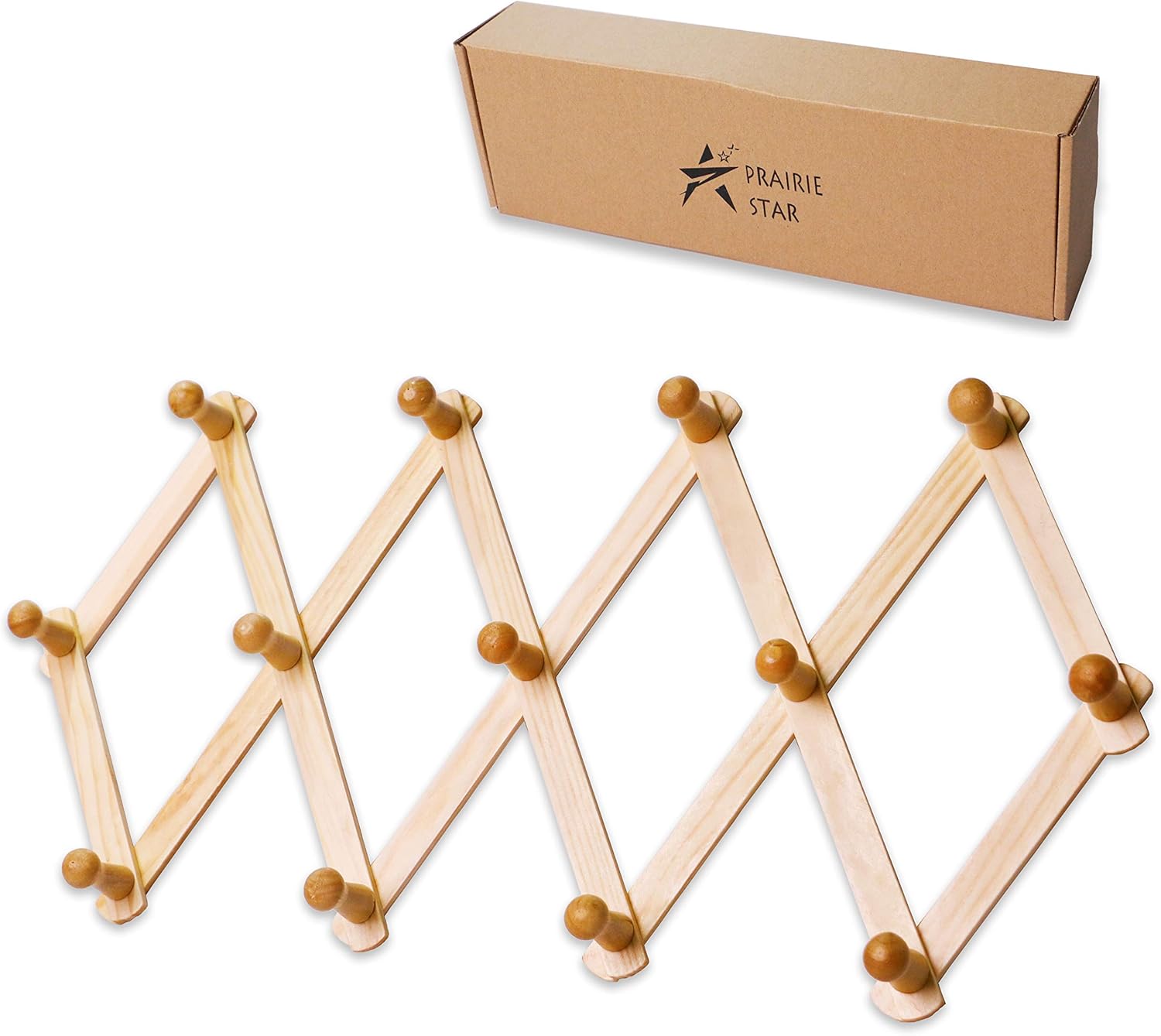 Prairie Star Expandable Coat Rack with 13 Peg Hooks for Storage of Hats Scarves Purses and More