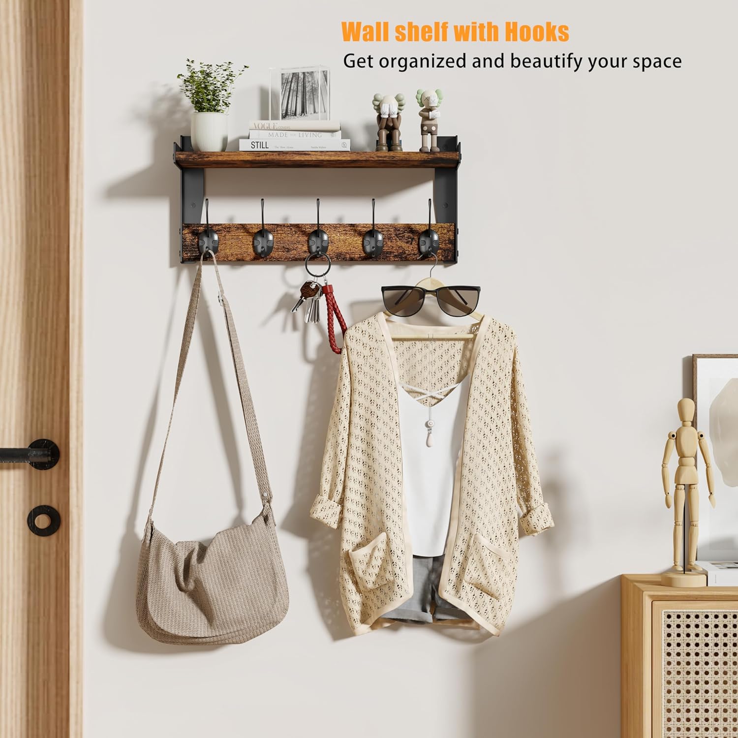 Wall Hooks with Shelf Wood Coat Rack with 5 Metal Hooks