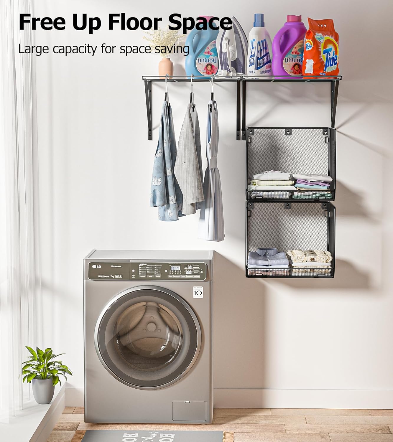2 Pack Laundry Room Shelves with Wire Mesh Baskets and Wall Mount Clothes Drying Racks