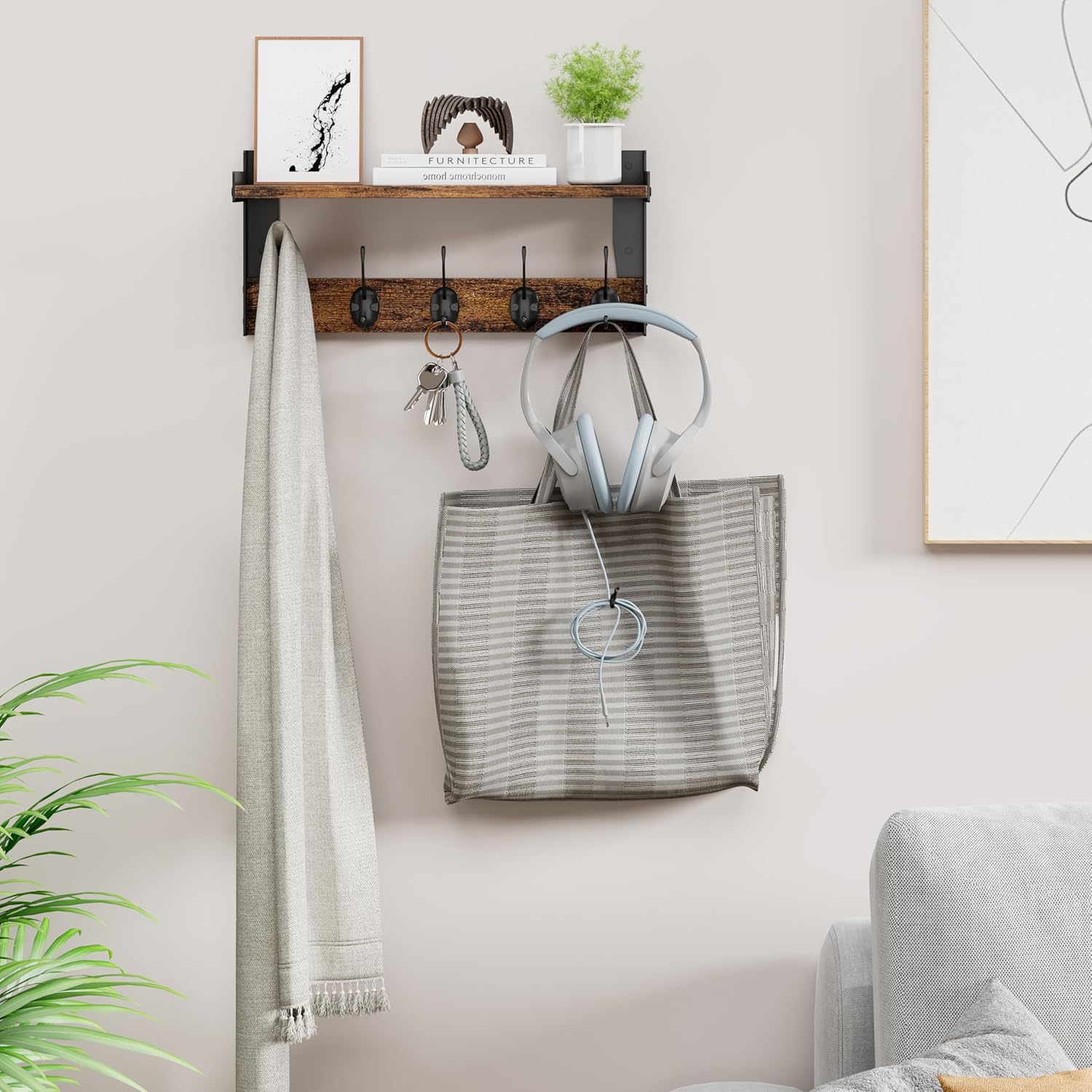 Wall Hooks with Shelf Wood Coat Rack with 5 Metal Hooks