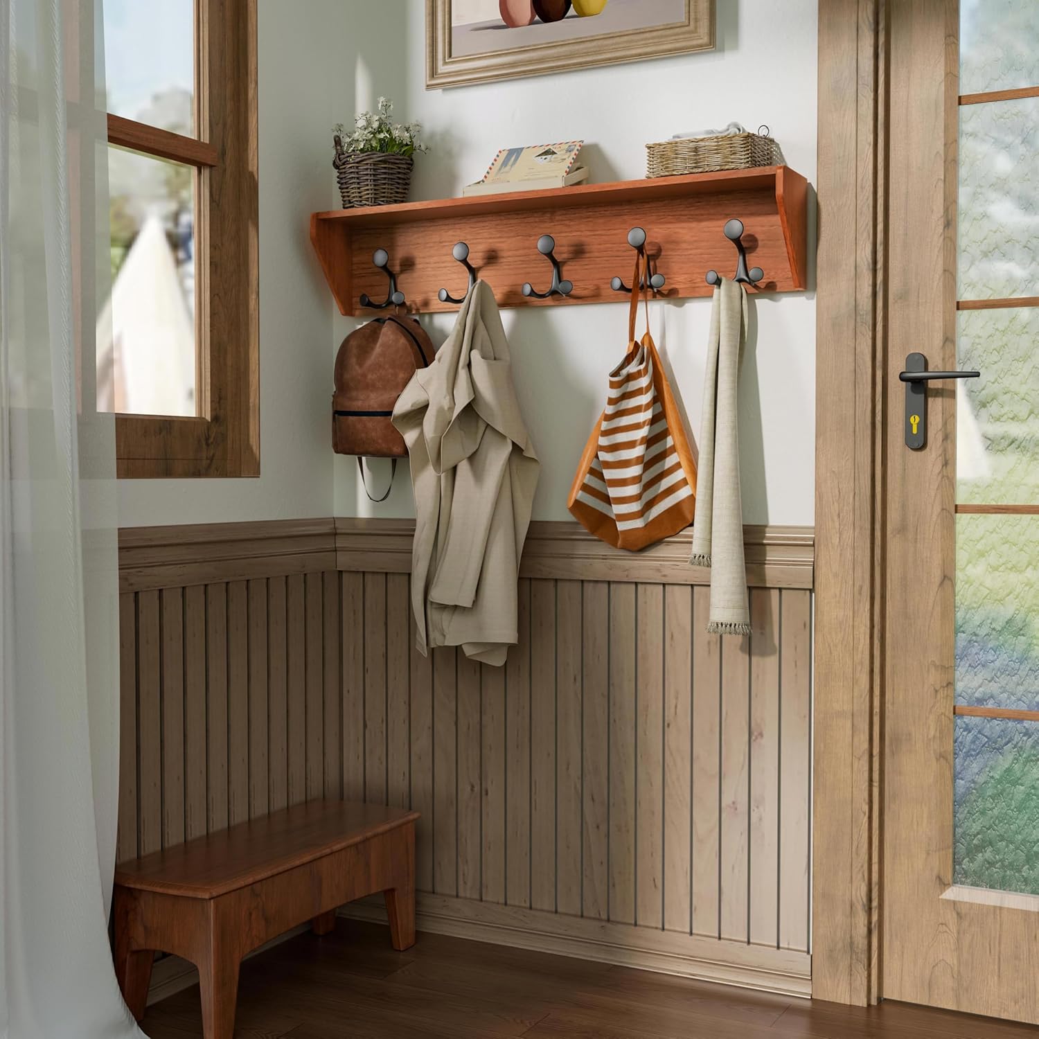 SKOLOO Wall Shelf with Hooks 24-Inch Cherry Coat Rack Organizer - Lightweight Sturdy